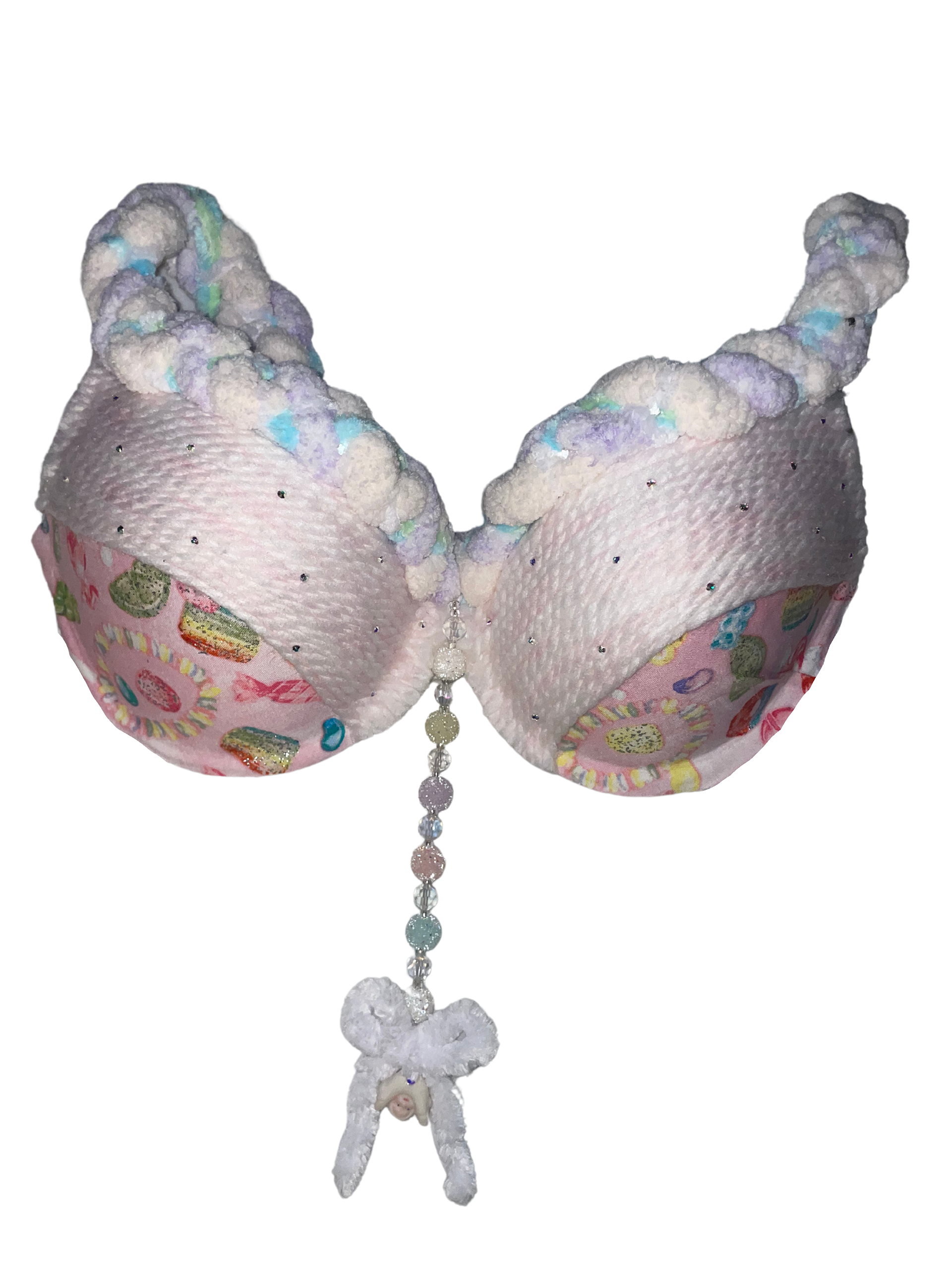 The "I Want Candy" bra, featuring a mini antique cheeky Cherub and Swarovski crystals buried in the wool