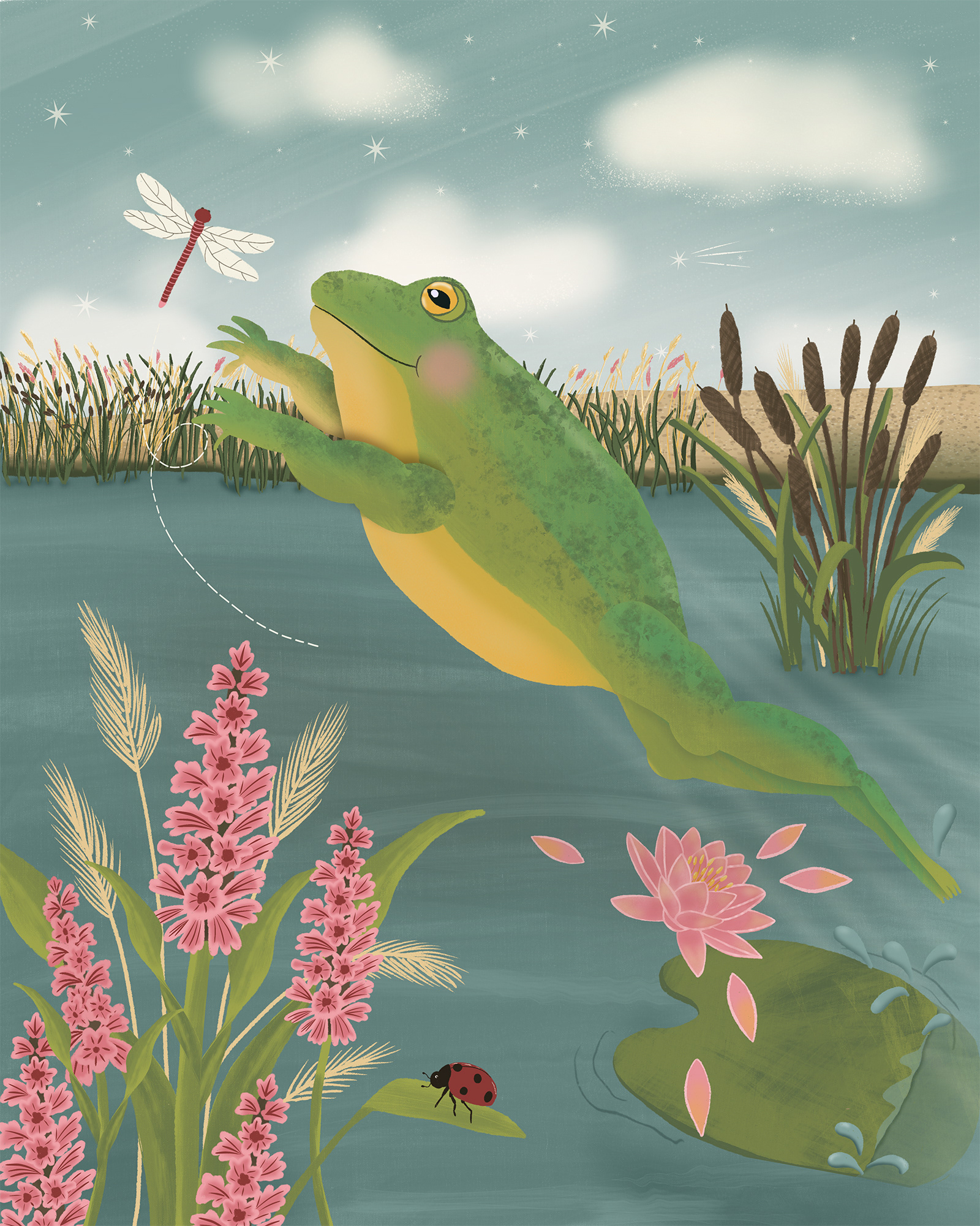leaping toad and dragonfly