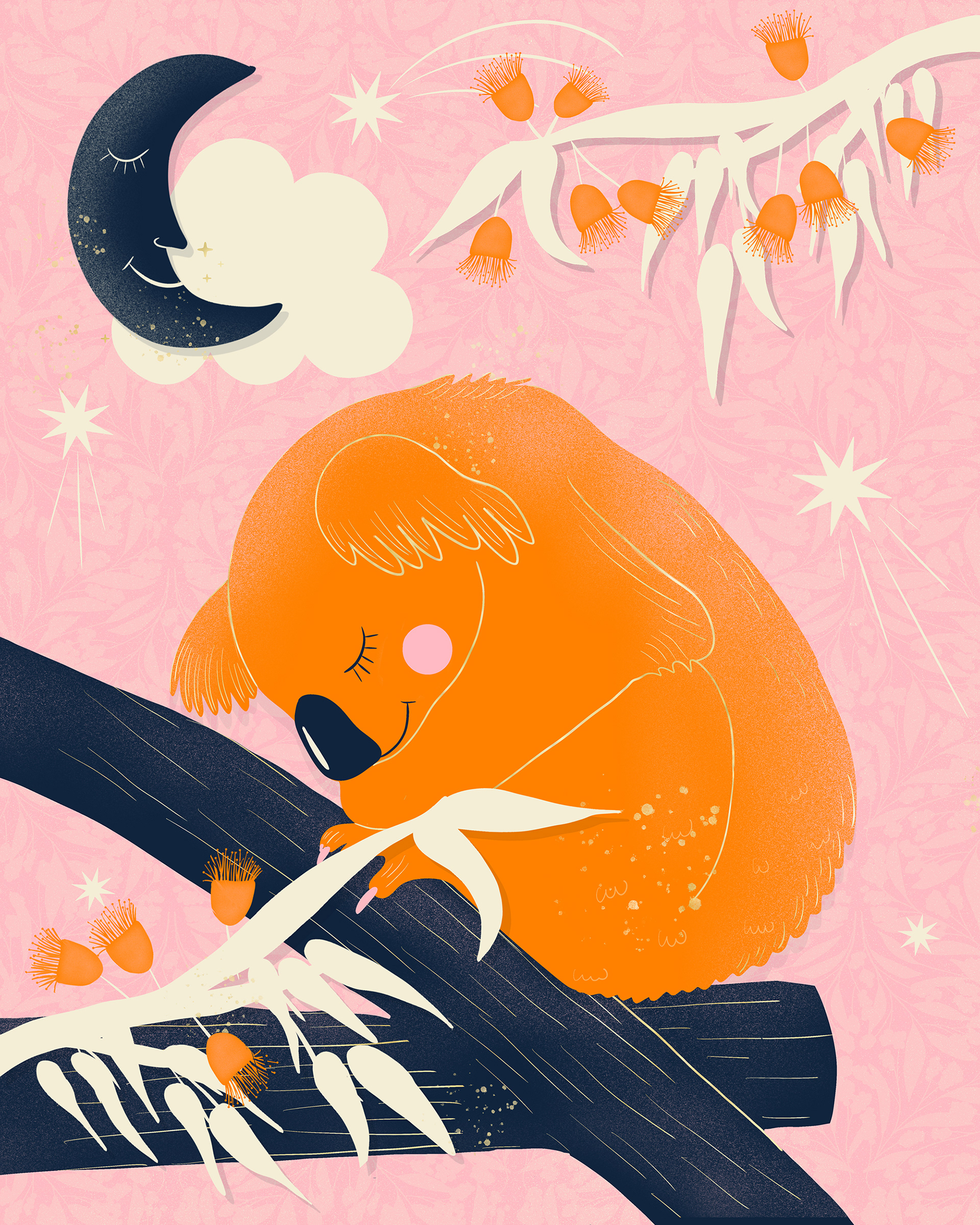 Sleeping Koala in gum leaves and gumnuts