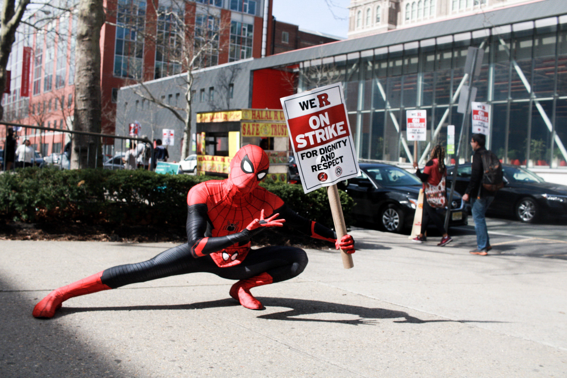 A pro union protestor dressed as  Spiderman attends the Rutgers Newark staff strike in Newark, New Jersey on April 11th, 2023.