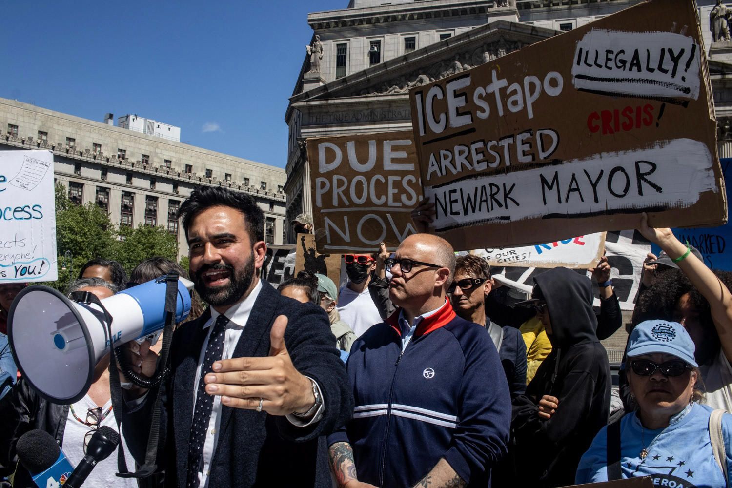 Zohran Mamdani speaks at a rally demonstrating against the arrest of Ras Baraka at Delaney Hall in New York, New York on May 10th, 2025.