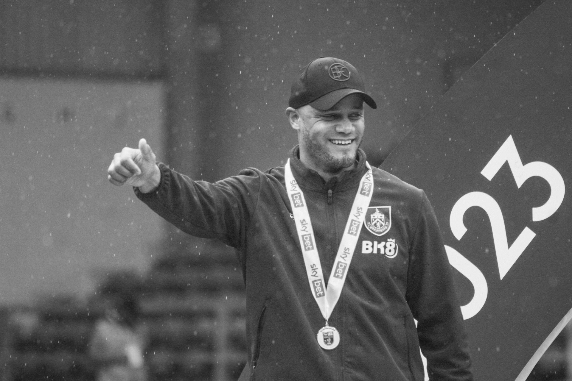 Burnley F.C. manager Vincent Kompany celebrates the EFL Championship win and promotion to the Premier League on the last day of the season in Turf Moore, Burnley on May 8th, 2023.