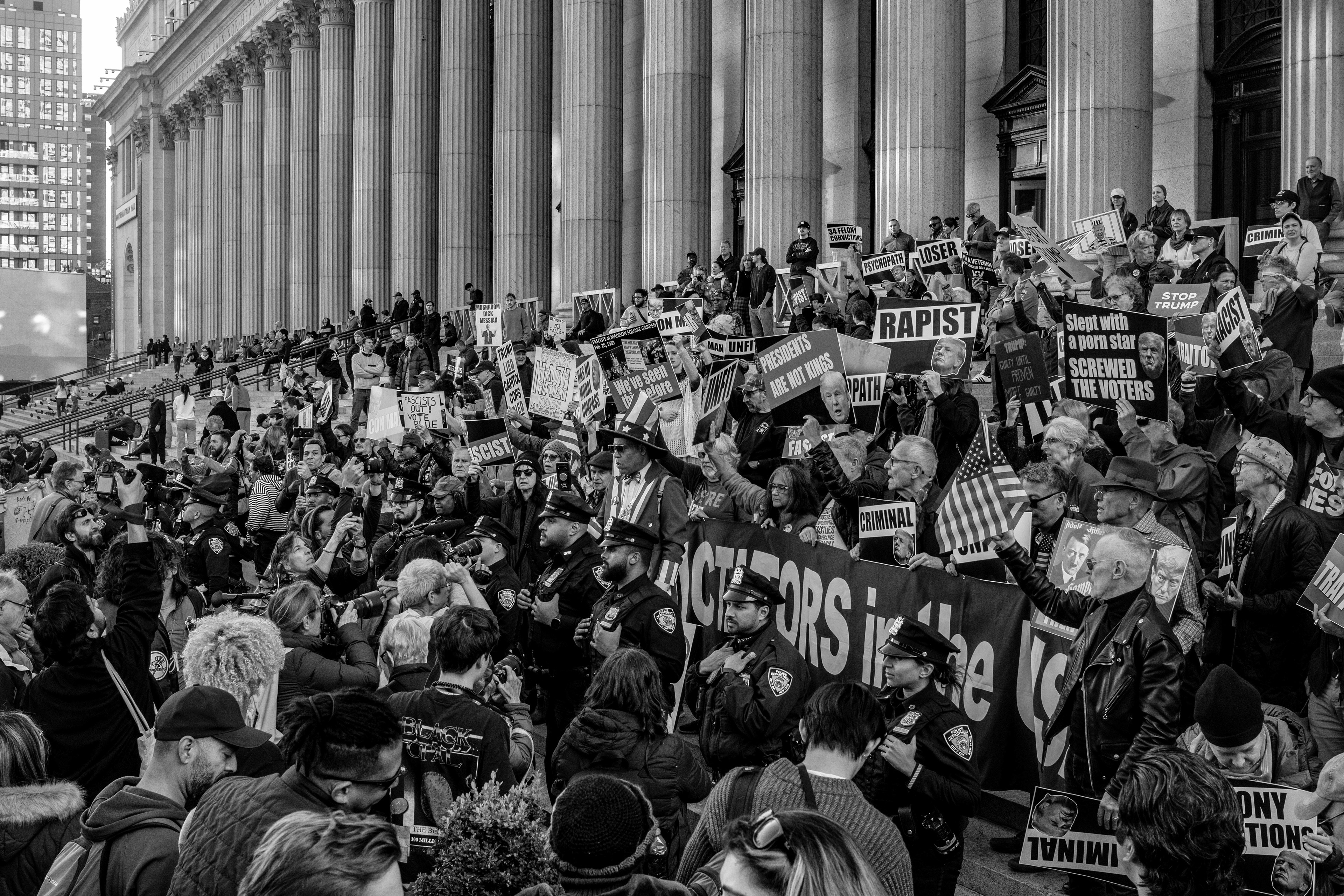 Counter protestors gather outside of Donald Trump's MSG rally in New York, New York on October 27th, 2024. The rally came in deep blue New York weeks before the 2024 election. 