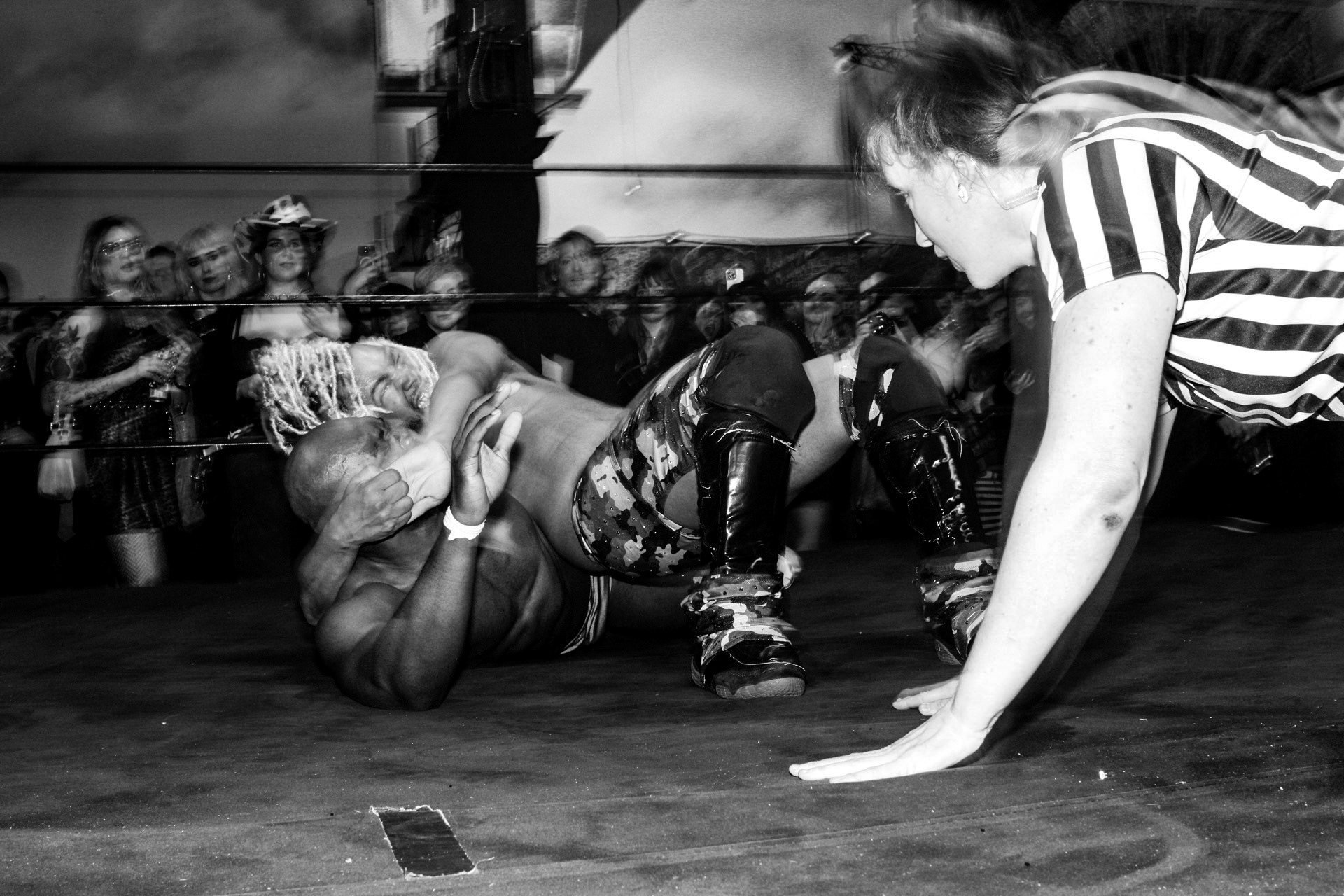 A Ref officiates a submission at an independent show in Brooklyn, New York on March 9th, 2024.