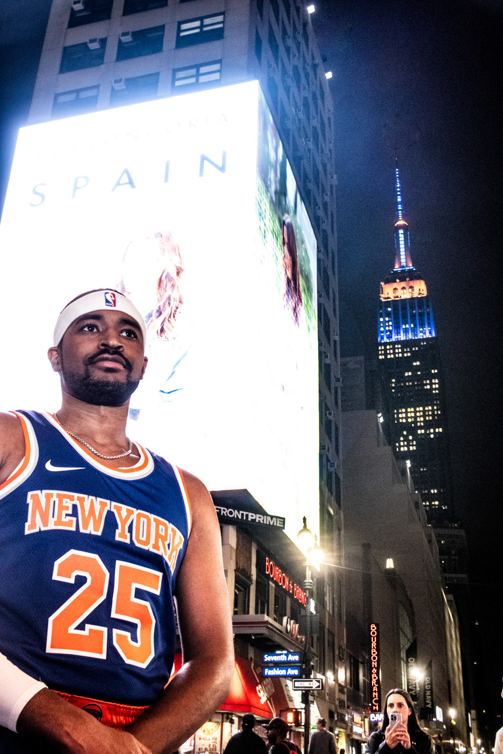 A Mikal Bridges lookalike stands outside of MSG after the Knicks game 6-win vs the Pistons in New York, New York on May 1st, 2025.