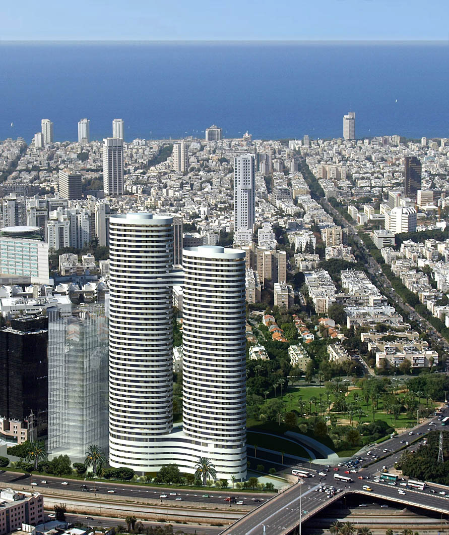 Exterior 3D visualization & aerial photography composite of "Arlozorov Towers