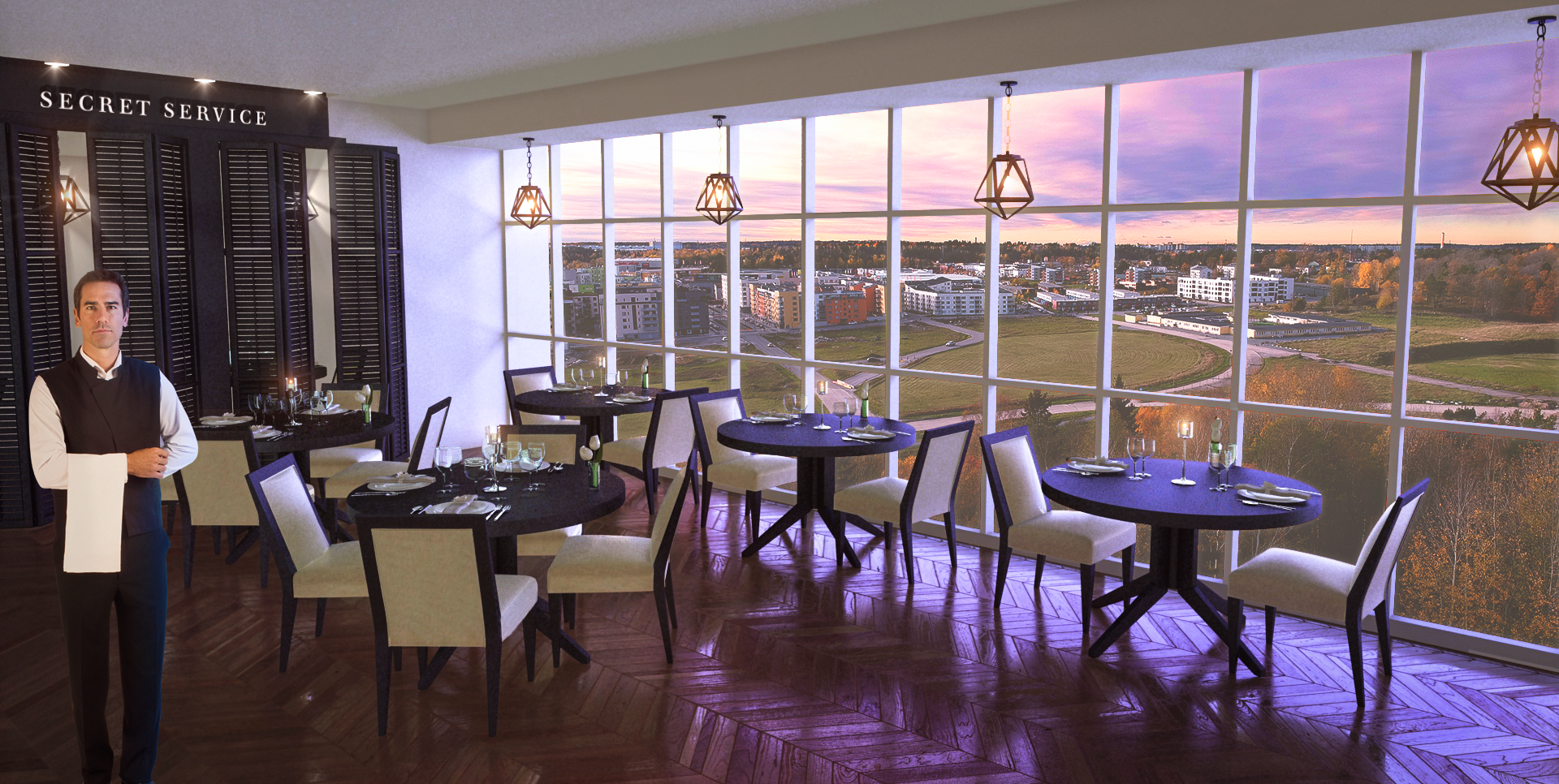 Conceptual 3D image of a "secret service" restaurant by the museum.