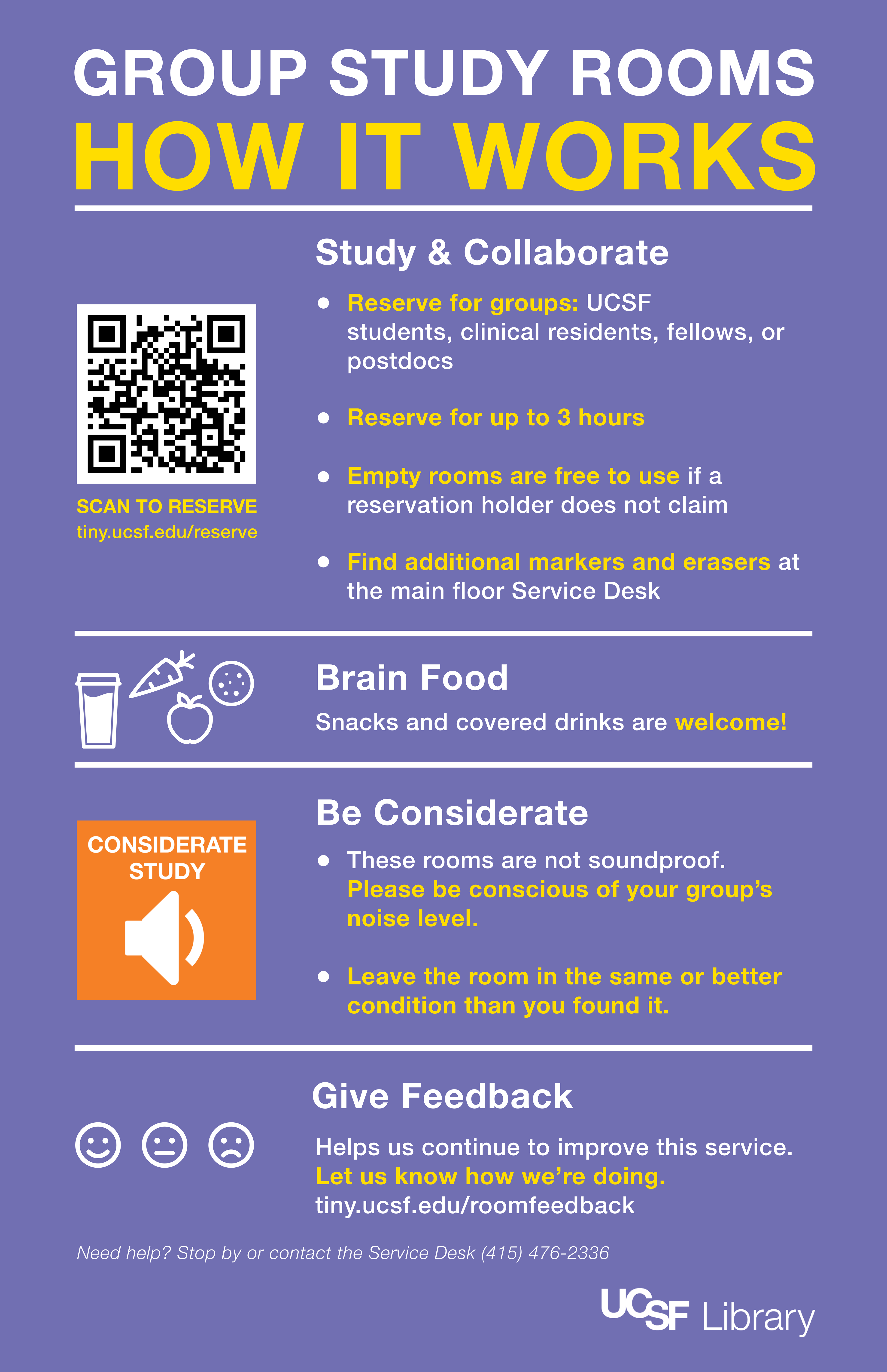 How group study rooms work signage that includes link to feedback survey