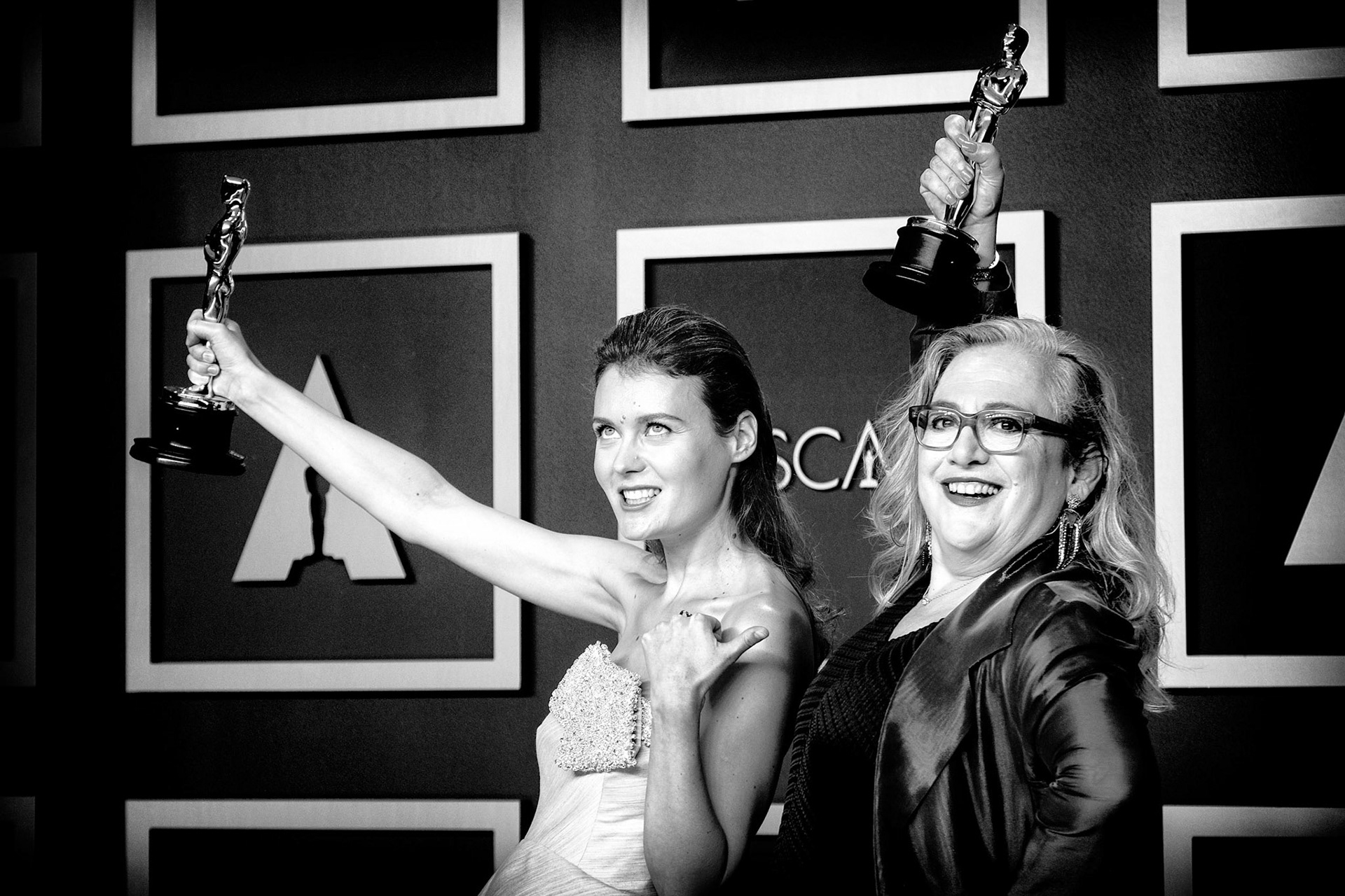 Carol Dysinger and Elena Andreicheva poses with the Oscar for Documentary (Short Subject) in the film Learning To Skateboard In A Warzone (If You're A Girl) during the 92nd Academy Awards, 2020 on Sunday 9 February 2020 at Dolby Theatre at the Hollywood &amp; Highland Center, Hollywood. . Editors Note: Image converted to monochrome. Picture by Julie Edwards/LFI/Avalon. All usages must be credited Julie Edwards/LFI/Avalon.