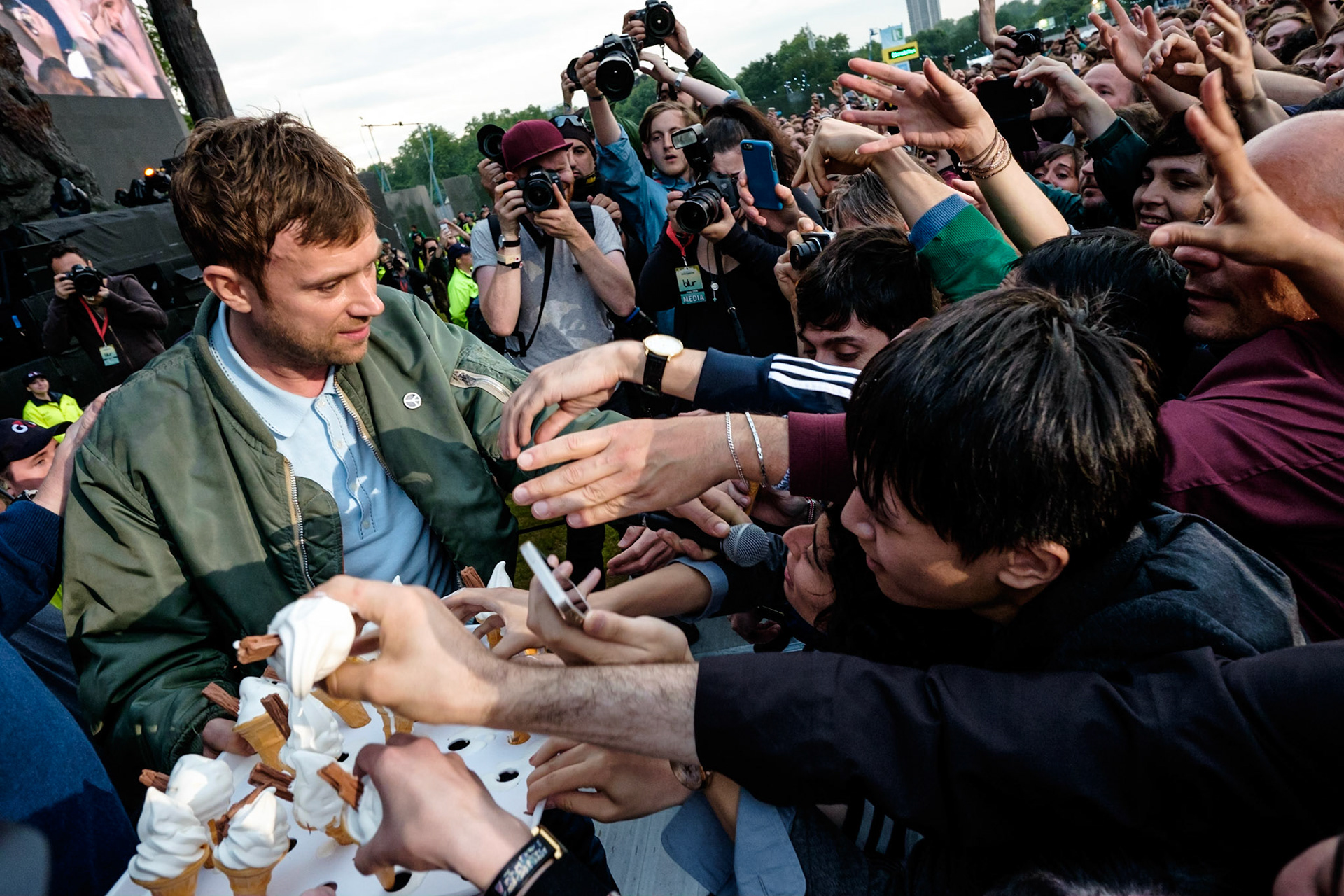 Blur plays British Summertime Hyde Park 2015 on 20/06/2015 at Hyde Park, London. Persons pictured: Damon Albarn serves ice cream to the crowd. Picture by Julie Edwards