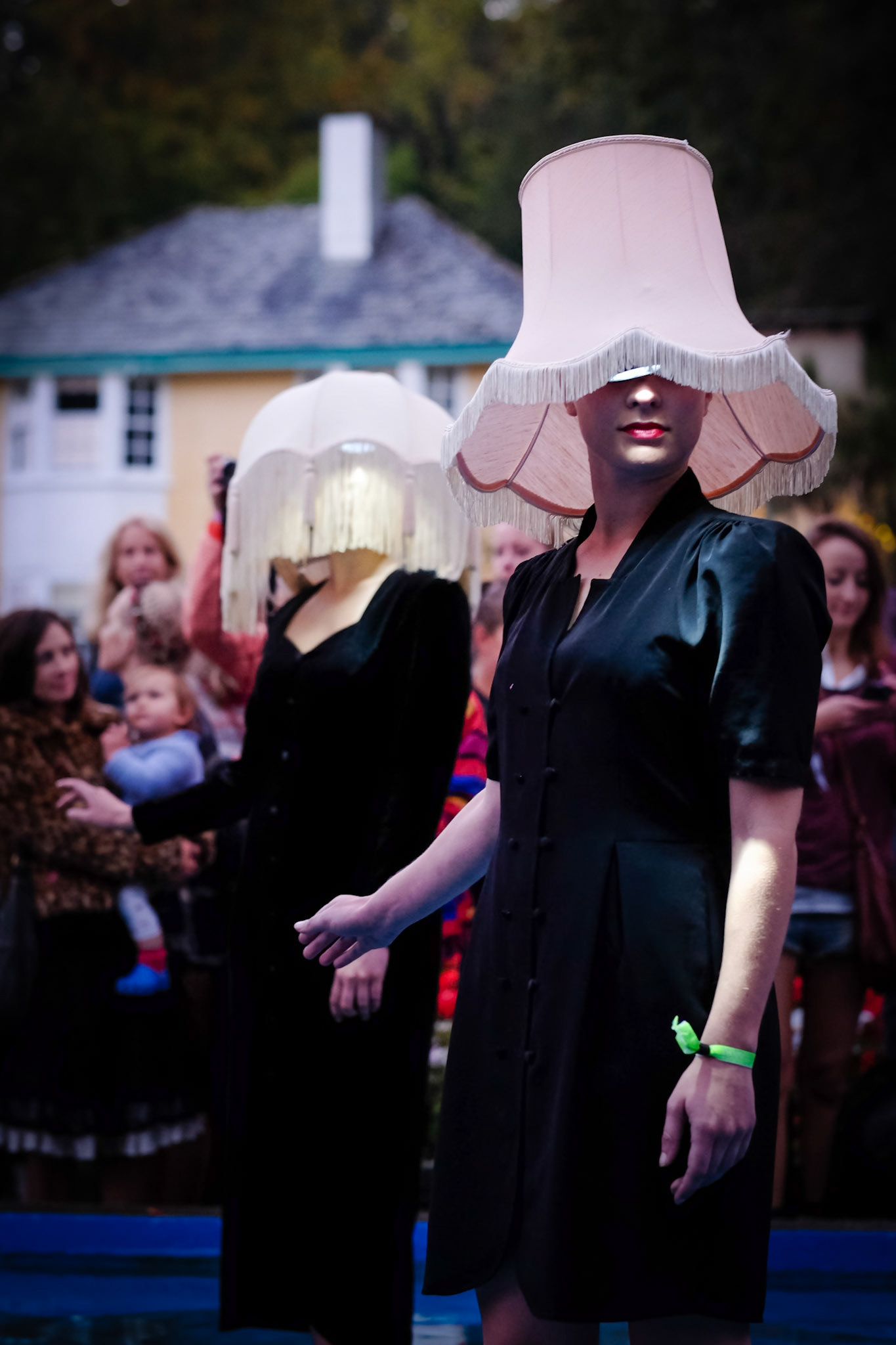 Atmosphere during Festival No. 6 on 06/09/2014 at Festival No. 6, Portmeirion.  The lampshade Ladies. A ballroom performance as attendees are asked to join a 'shady' performer. The dancers started off in the pool before walking through the village. Picture by Julie Edwards