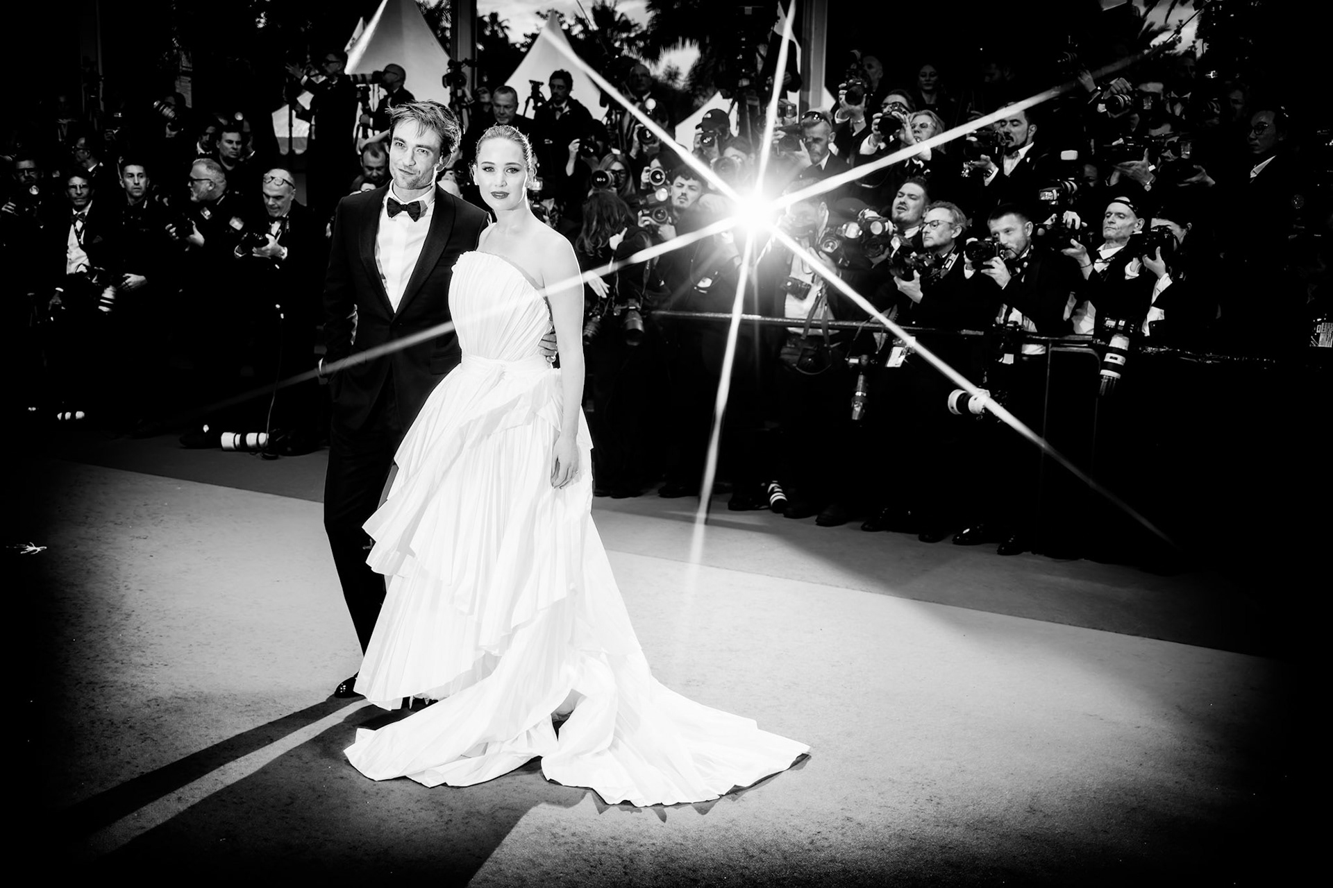 Robert Pattinson and Jennifer Lawrence seen on the Red Carpet for Die My Love during the 78th Festival de Cannes (Cannes International Film Festival) at Palais des Festivals, Cannes, , France on 17 May 2025. Editors Note: Image converted to monochromePicture Credit: Julie Edwards/Avalon.