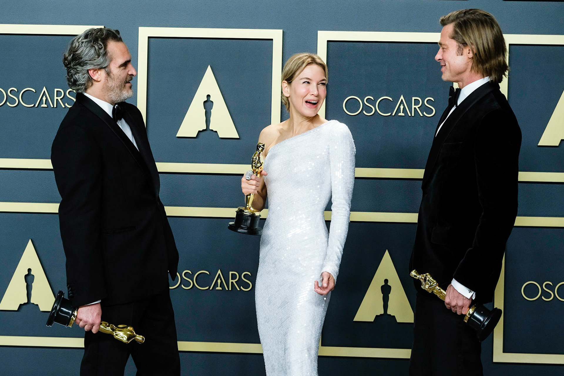 Joaquin Phoenix, Renée Zellwegerand Brad Pitt pose with their Oscars for during the 92nd Academy Awards, 2020 on Sunday 9 February 2020 at Dolby Theatre at the Hollywood &amp; Highland Center, Hollywood. . Picture by Julie Edwards/LFI/Avalon. All usages must be credited Julie Edwards/LFI/Avalon.