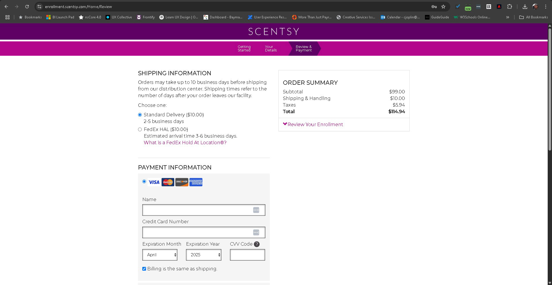 Current Scentsy enrollment experience - shipping and payment information
