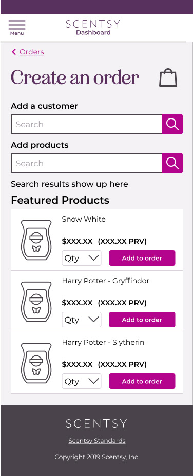 Scentsy Workstation create an order page - mobile