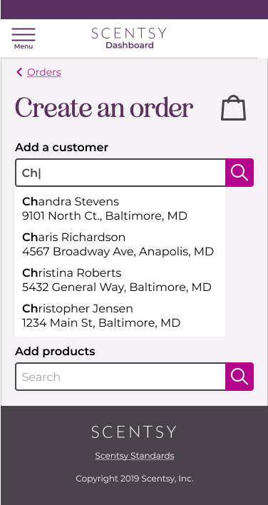 Scentsy Workstation add a customer to an order - mobile