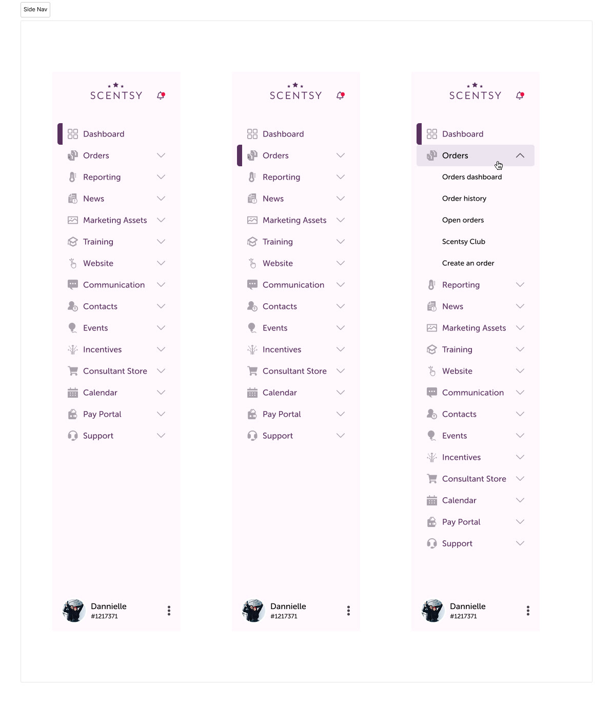 Various states of new Scentsy side navigation menu