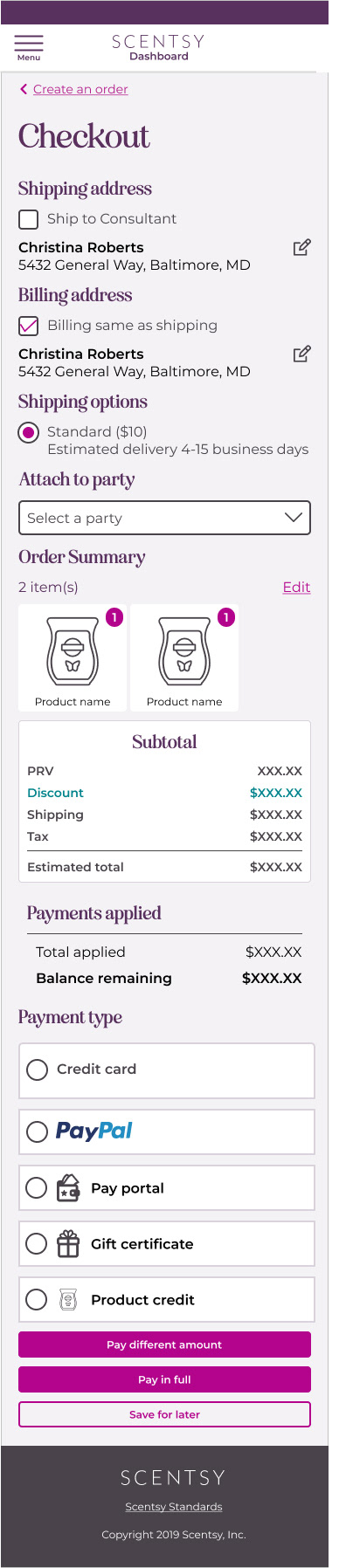Scentsy Workstation checkout - shipping and payment combined - mobile