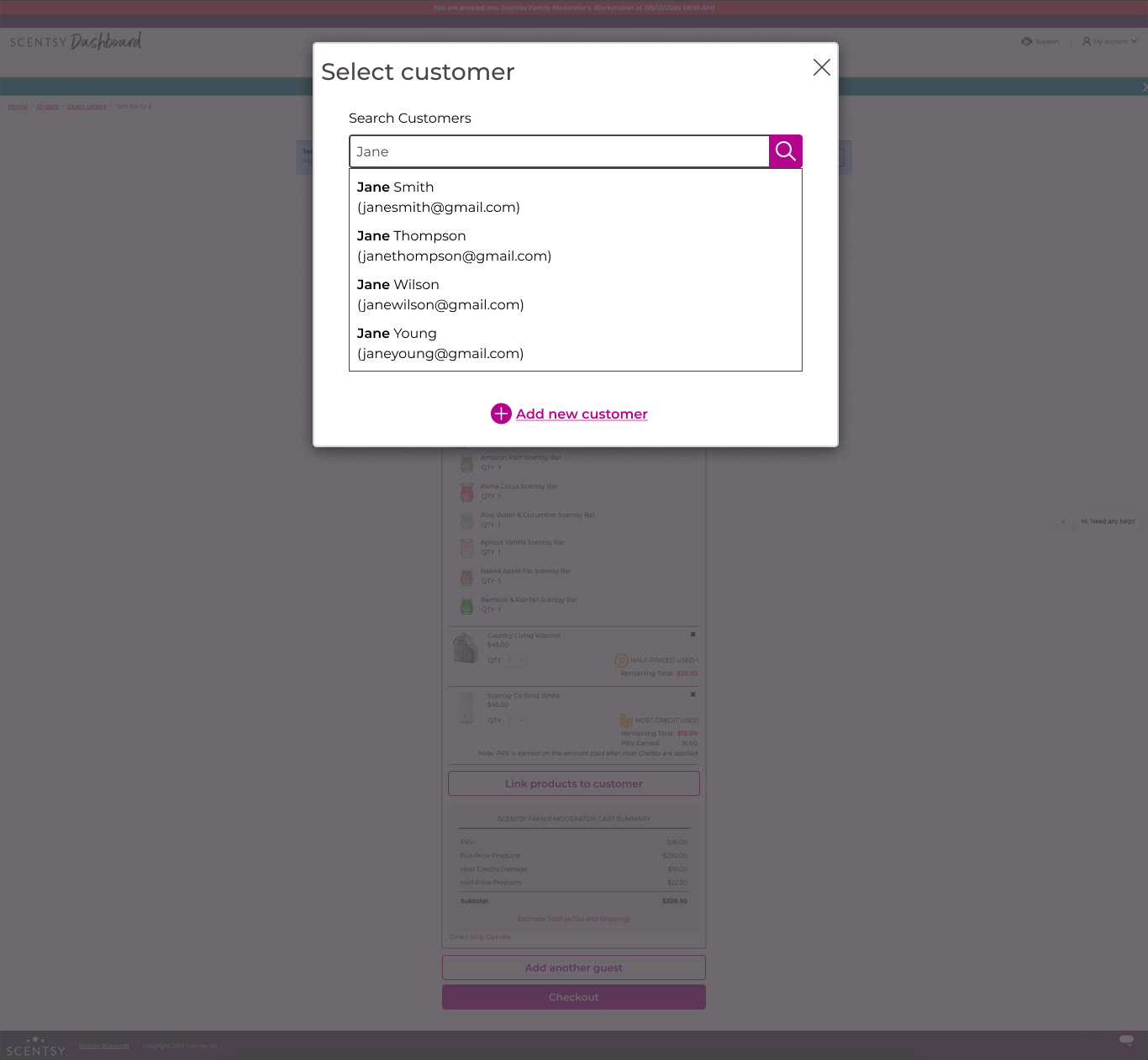 Scentsy Workstation - searching for a customer, name partially input to show live search results - desktop