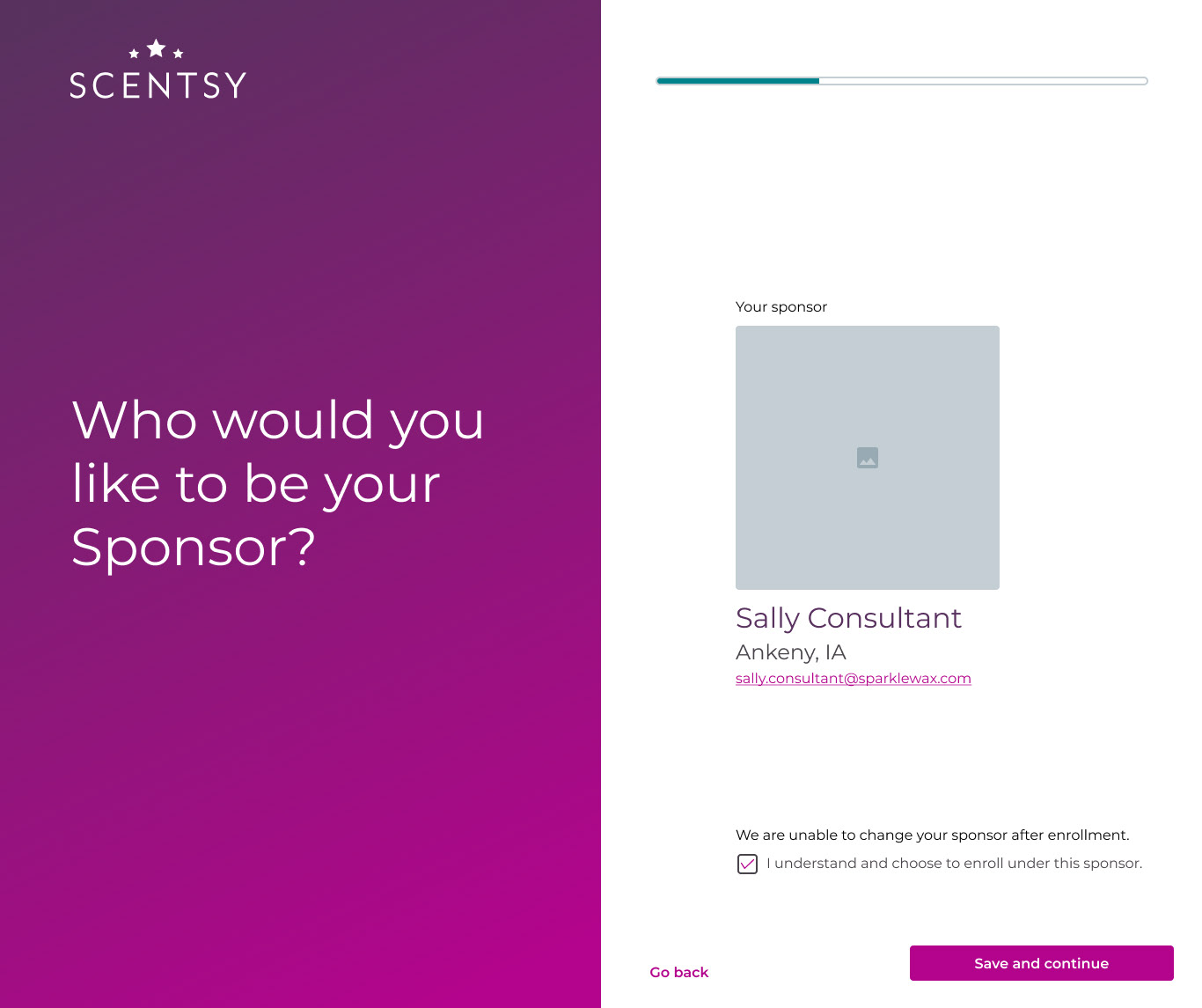 Scentsy new enrollment experience - sponsor selected