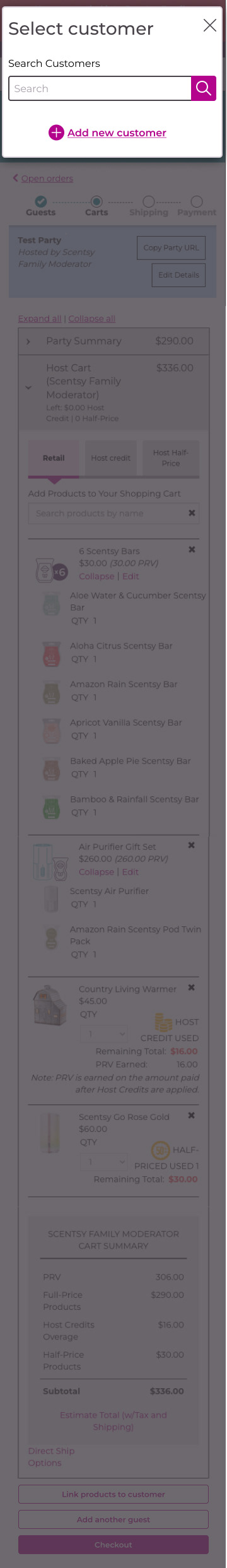 Scentsy Workstation - select a customer to attribute products to - mobile