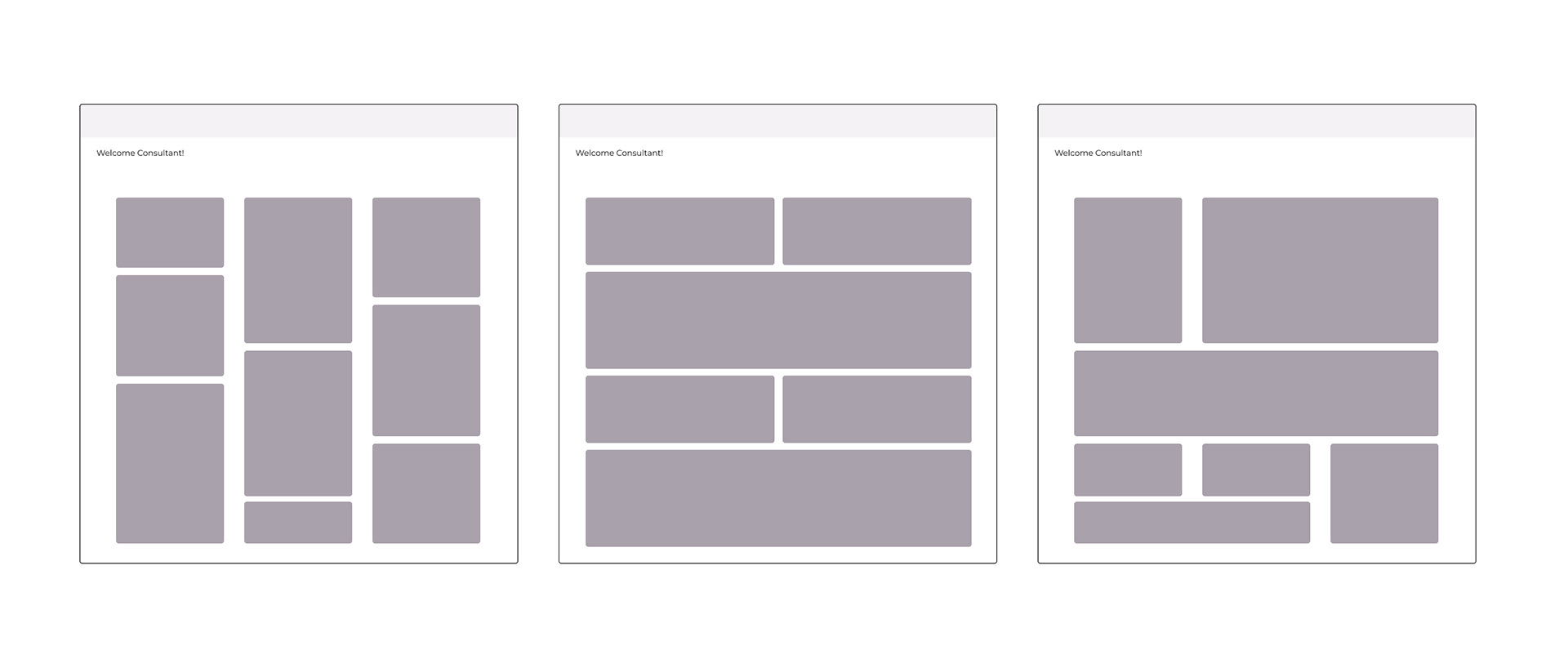 3 grey box wireframes consisting of different dashboard configuration options