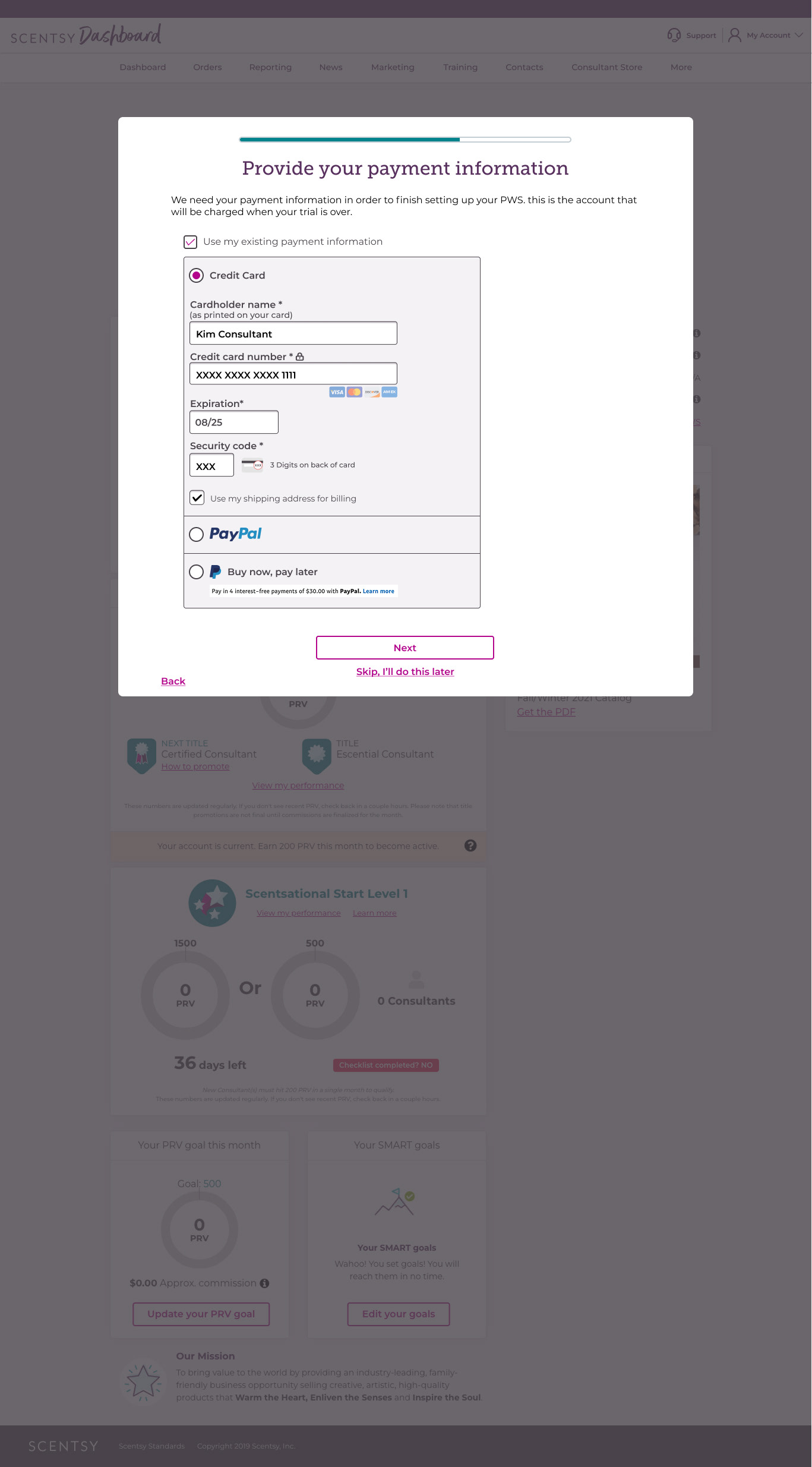 Scentsy new enrollment experience - payment information for personal website subscription