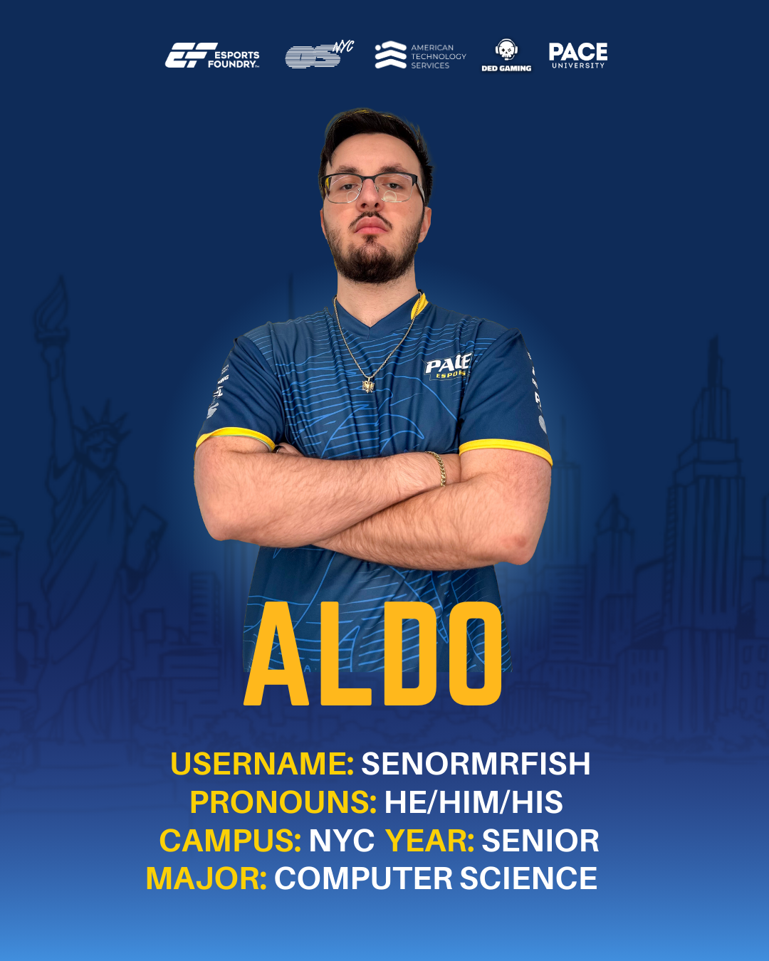 Fall 2025 Meet the Teams player background sample graphic for Pace University Esports