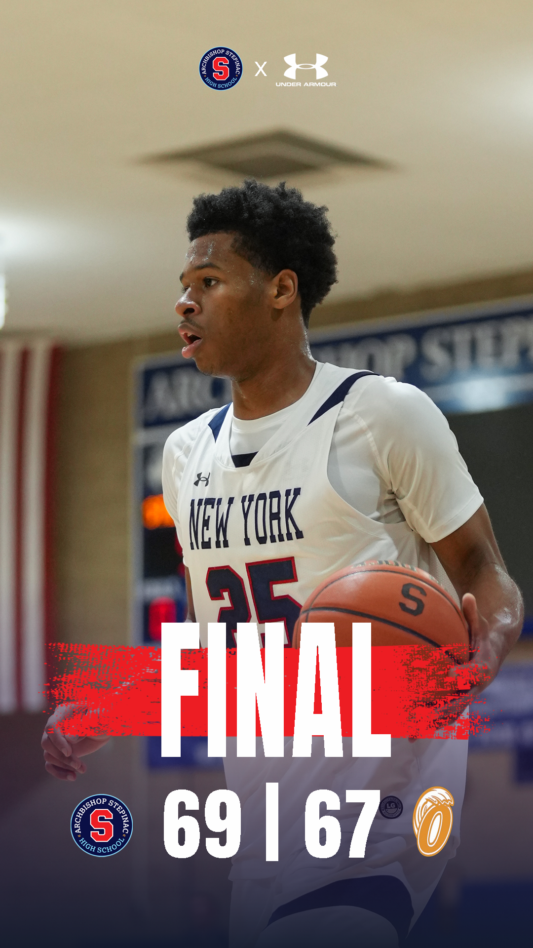 Final score Instagram story template for Archbishop Stepinac High Basketball.