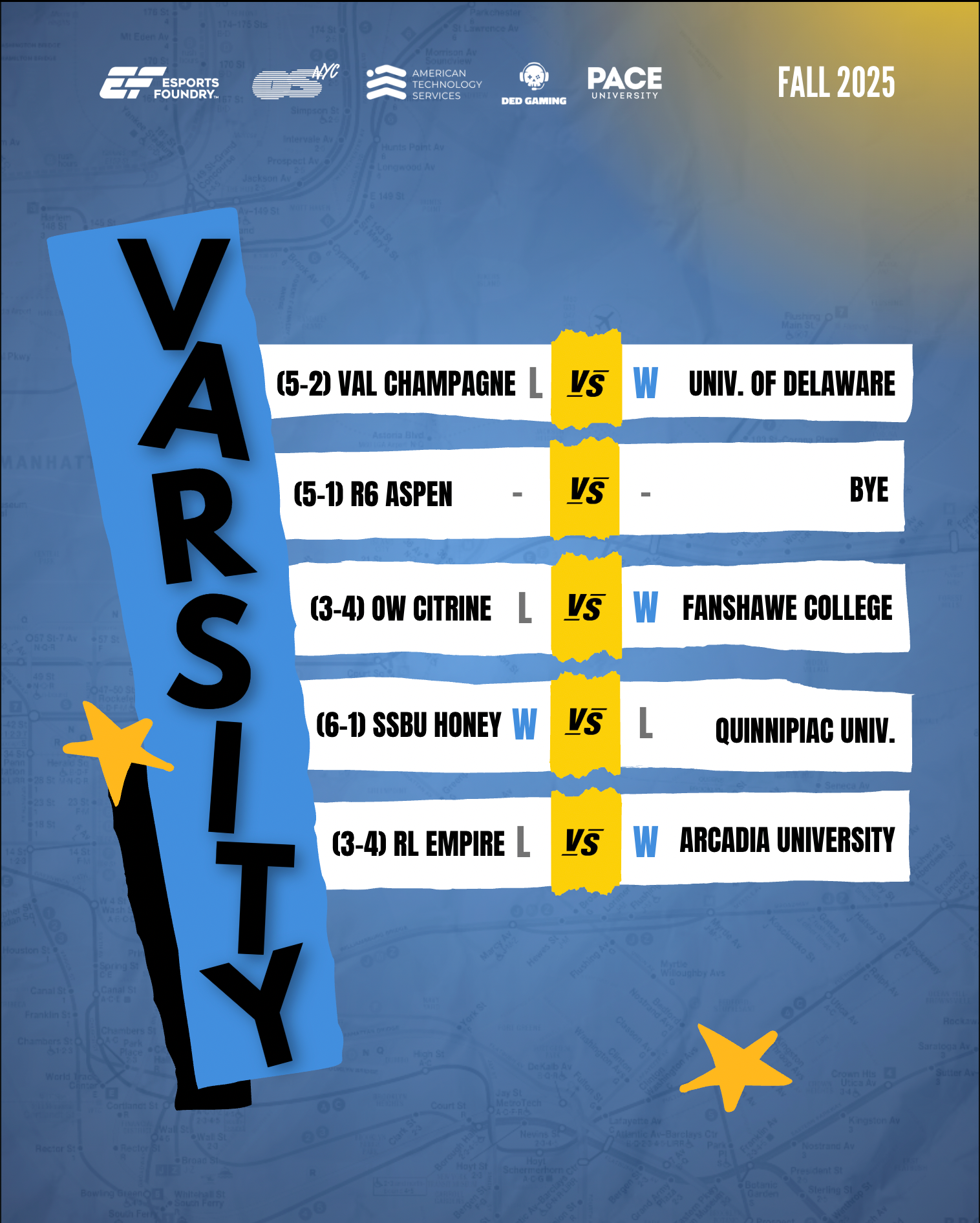 Fall 2025 Match Results graphic redesign for Pace University Esports