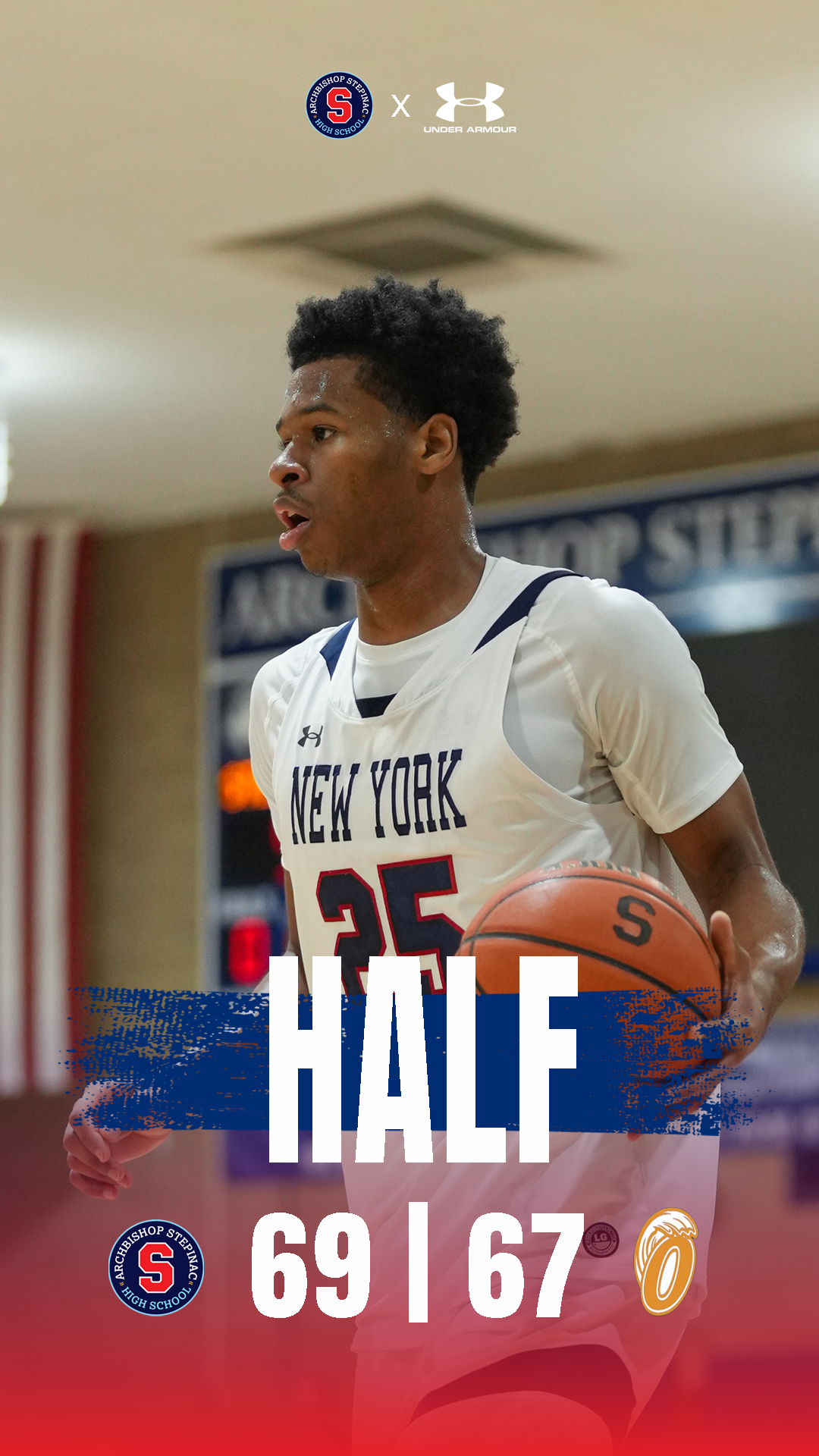 Halftime score Instagram story template for Archbishop Stepinac High Basketball.
