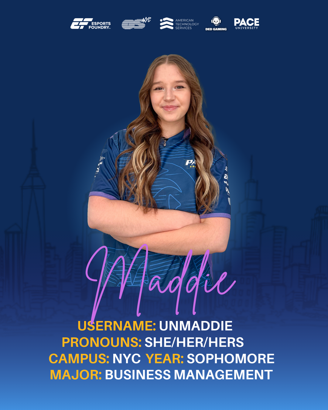 Fall 2025 Meet the Teams player background sample graphic for Pace University Esports