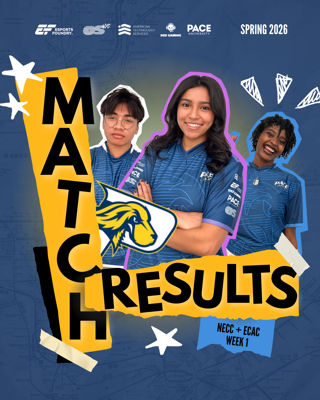 Fall 2025/ Spring 2026 Match Results graphic redesign for Pace University Esports