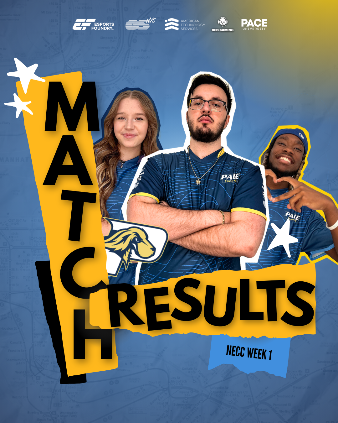 Fall 2025 Match Results graphic cover redesign for Pace University Esports