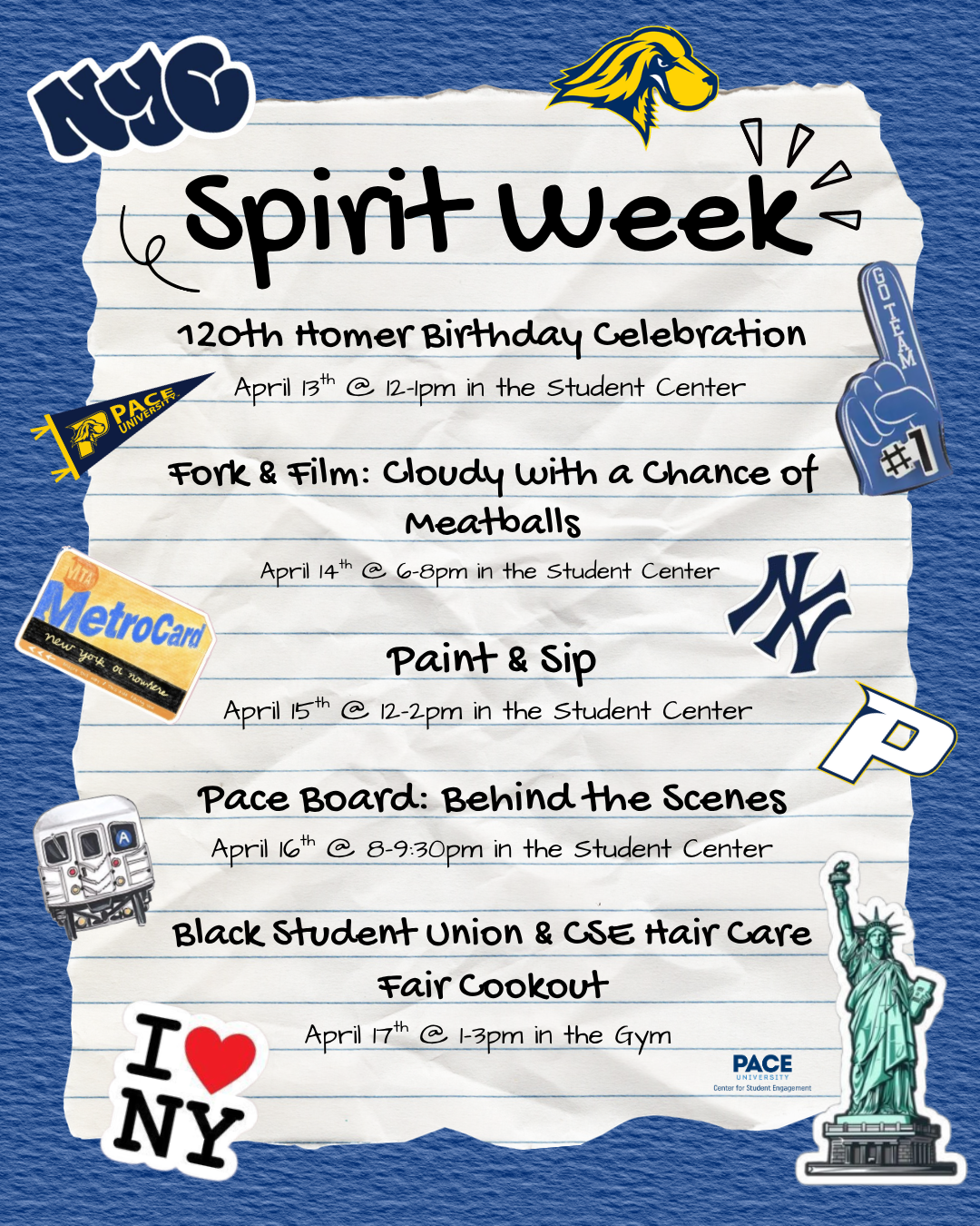 Spirit week flyer for Pace University's Center for Student Engagement