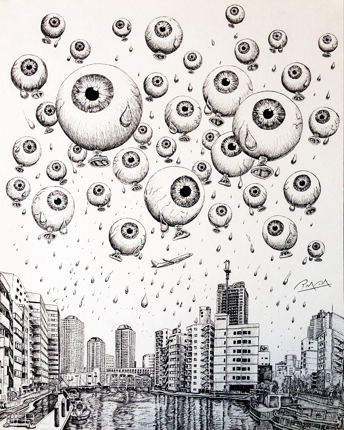 Rain in the City · Ink on paper , 38.5 x 49 cm , 2020