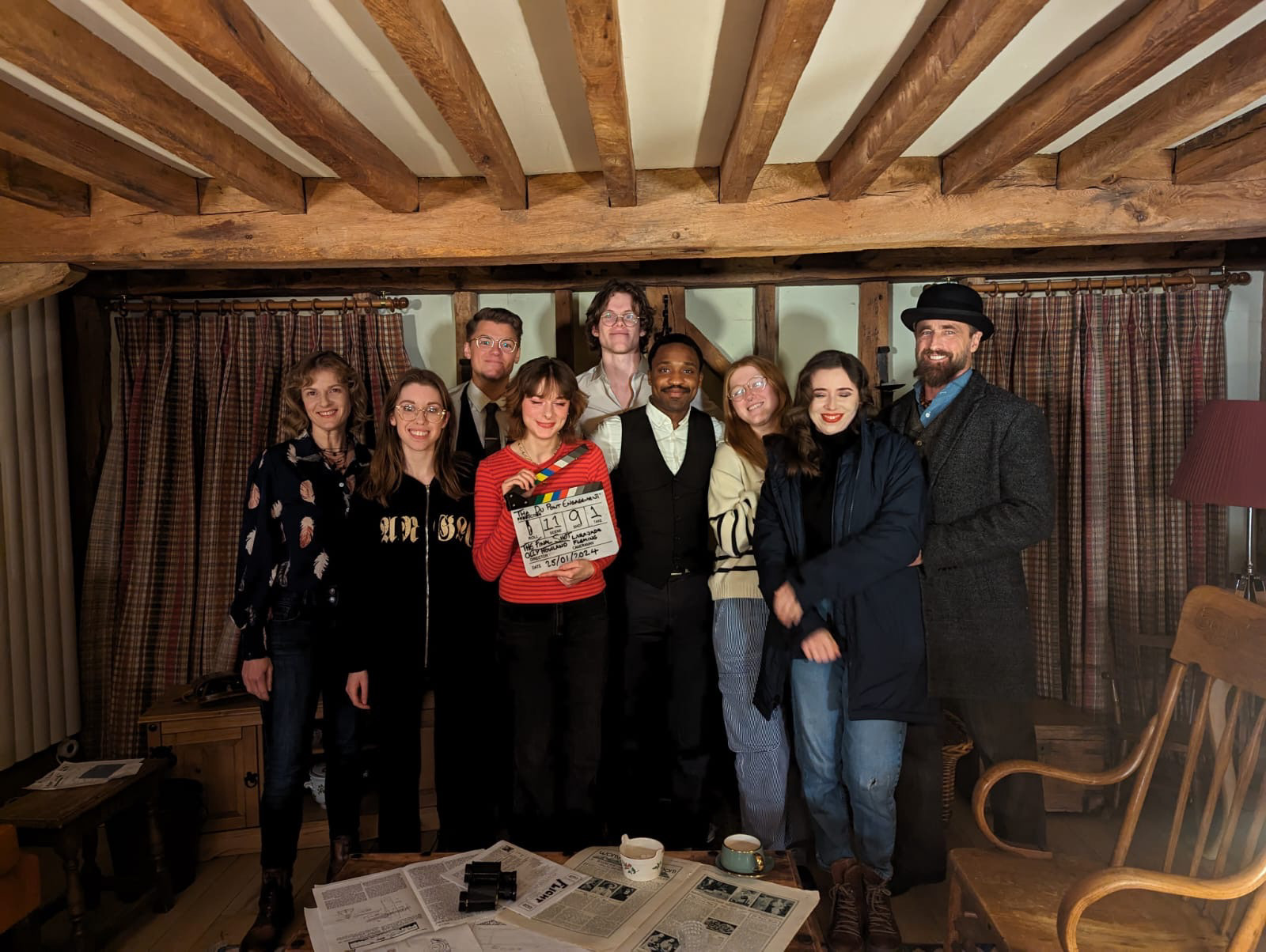 From left to right: Vickie Mogford (Frances Du Pont), Emily Brodie (Editor), Oliver Roddy (Leon McDonough), Larajade Fleming (Cinematographer), Olly Howland (Director), James Anite (Lenny King), Ceri Sims (Producer), Shelley Calvin (Alice Hendy), Crispian Belfrage (Wilbur Wright)