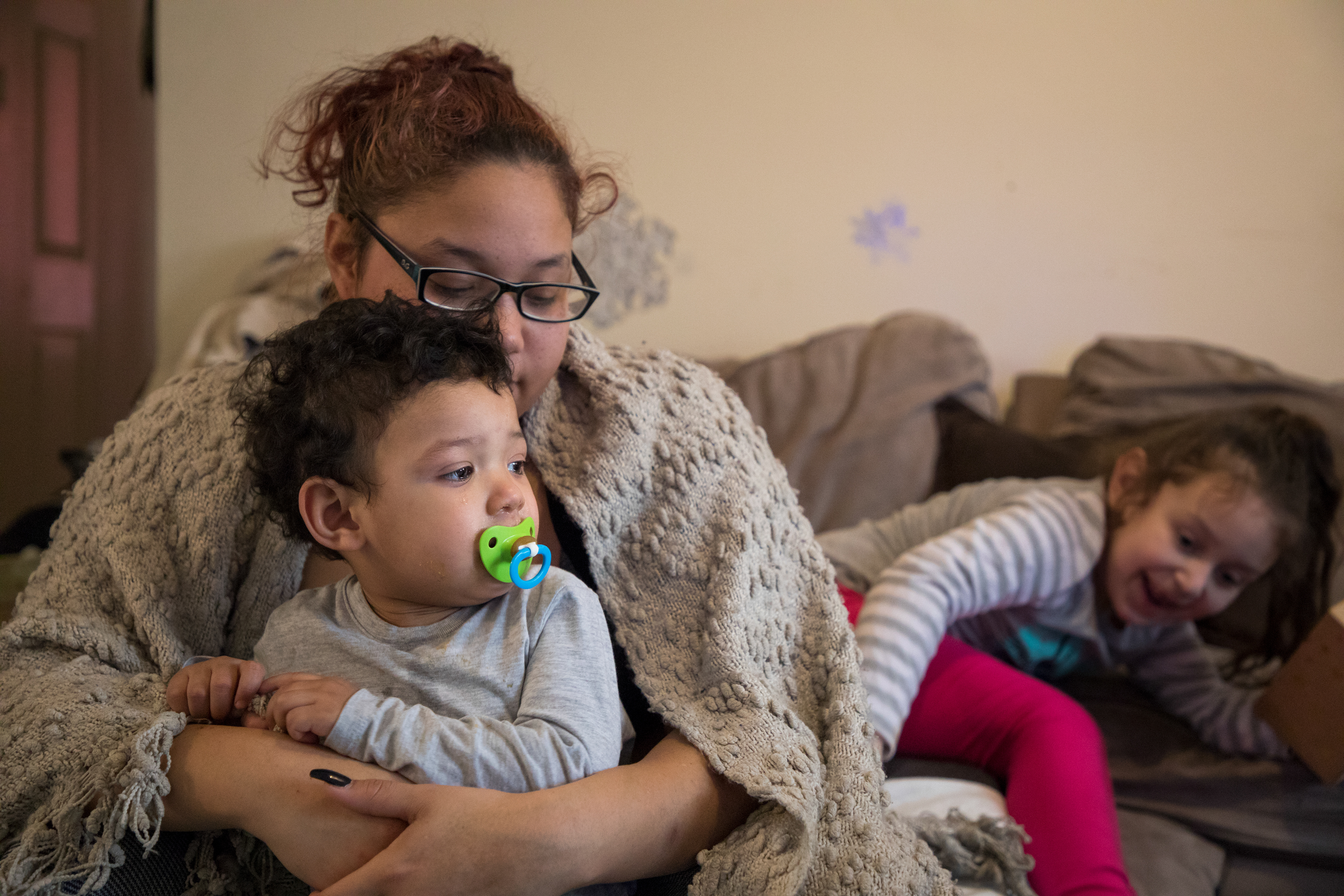 HARTFORD, CT A portrait of Leanaly and her son Jadiel at her roommates apartment where she was living and sleeping on the couch with her son. February 13, 2019.