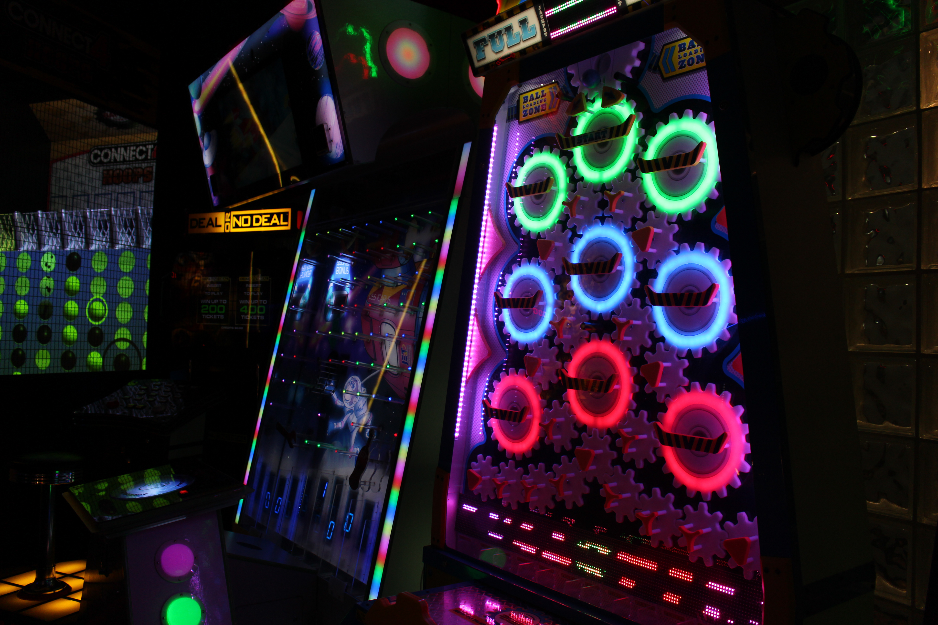 mesmerizing lights at a bowling alley arcade