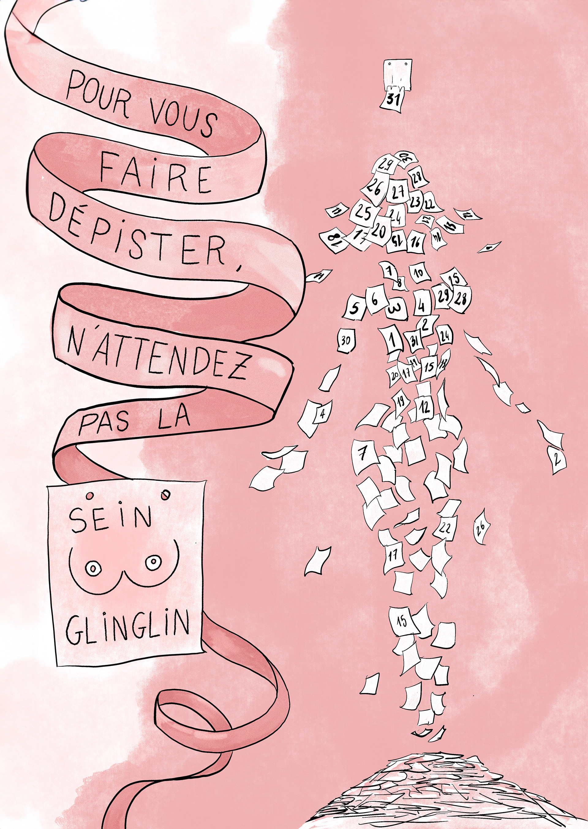 Illustration réalisée pour Octobre Rose en détournant l'expression "saint glin-glin" en "sein glin-glin"