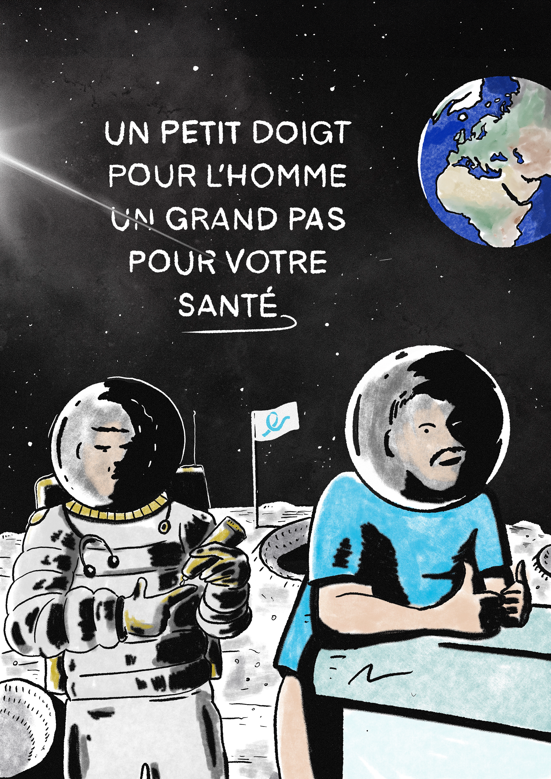 Illustration réalisée pour Novembre Bleu en détournant la phrase prononcée en 1969 par Neil Armstrong après avoir foulé la lune. Ici on remplace le pas par le doigt, l'humanité par la santé et la lune sur laquelle sont les personnages fait directement référence à la technique de dépistage pour détecter le cancer de la prostate.