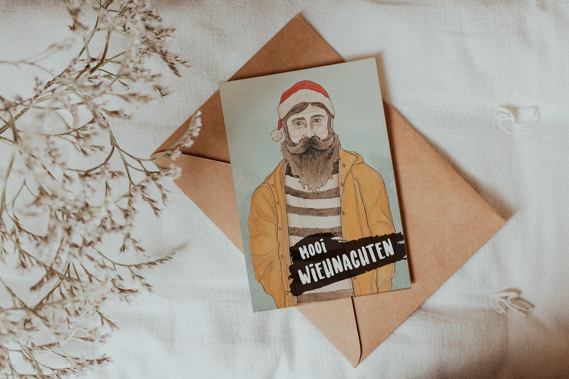 mockup card with plants. invitation card with envelope and details Mockup with postcard and flowers on white background.