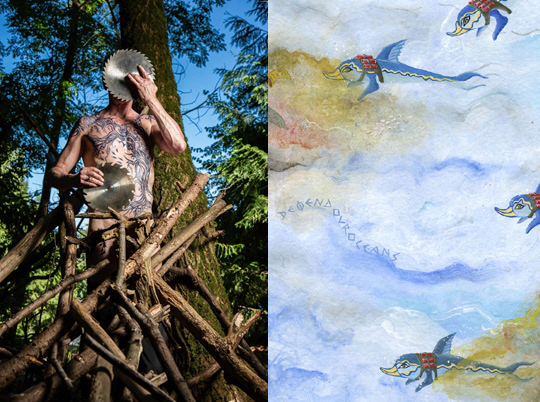 LEFT: "Saw Man," Bodypaint RebelDog Studio; Photography John Cornicello; RIGHT: "10 Jihadi Dolphins" Acrylic on Handmade Paper by Kree Arvanitas, RebelDog Studio