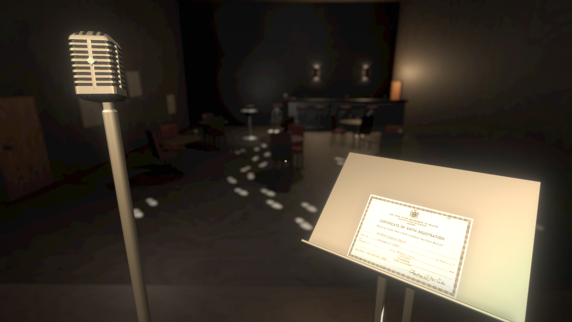 Screenshot of game, from perspective of jazz performer in a club, music stand contains an out of place birth certificate.