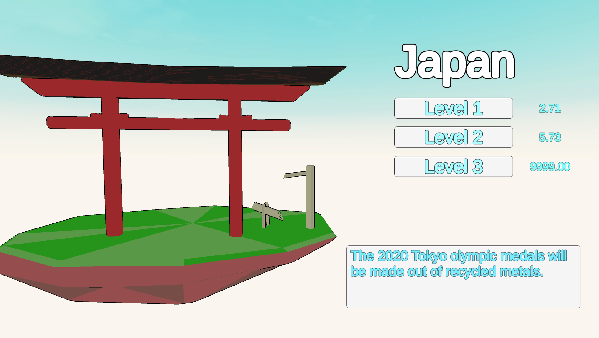 Screenshot of level selector, player can choose between three levels in Japan, features a fun fact about the Tokyo 2020 Olympics
