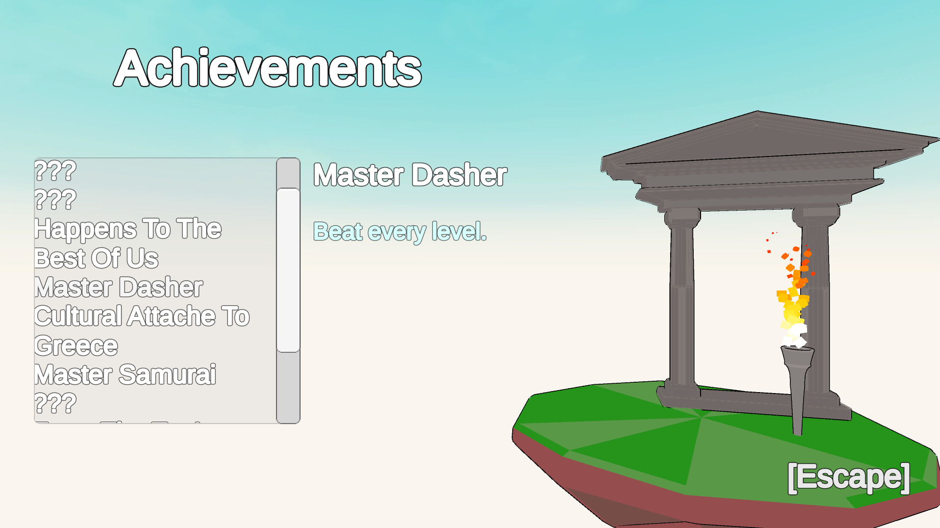Screenshot of achievement list, includes multiple hidden achievements as well as some that have been obtained by the player