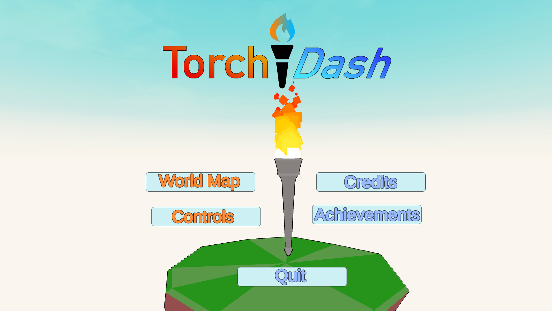 Screenshot of main menu, contains a world map, control screen, credits list, and achievements page