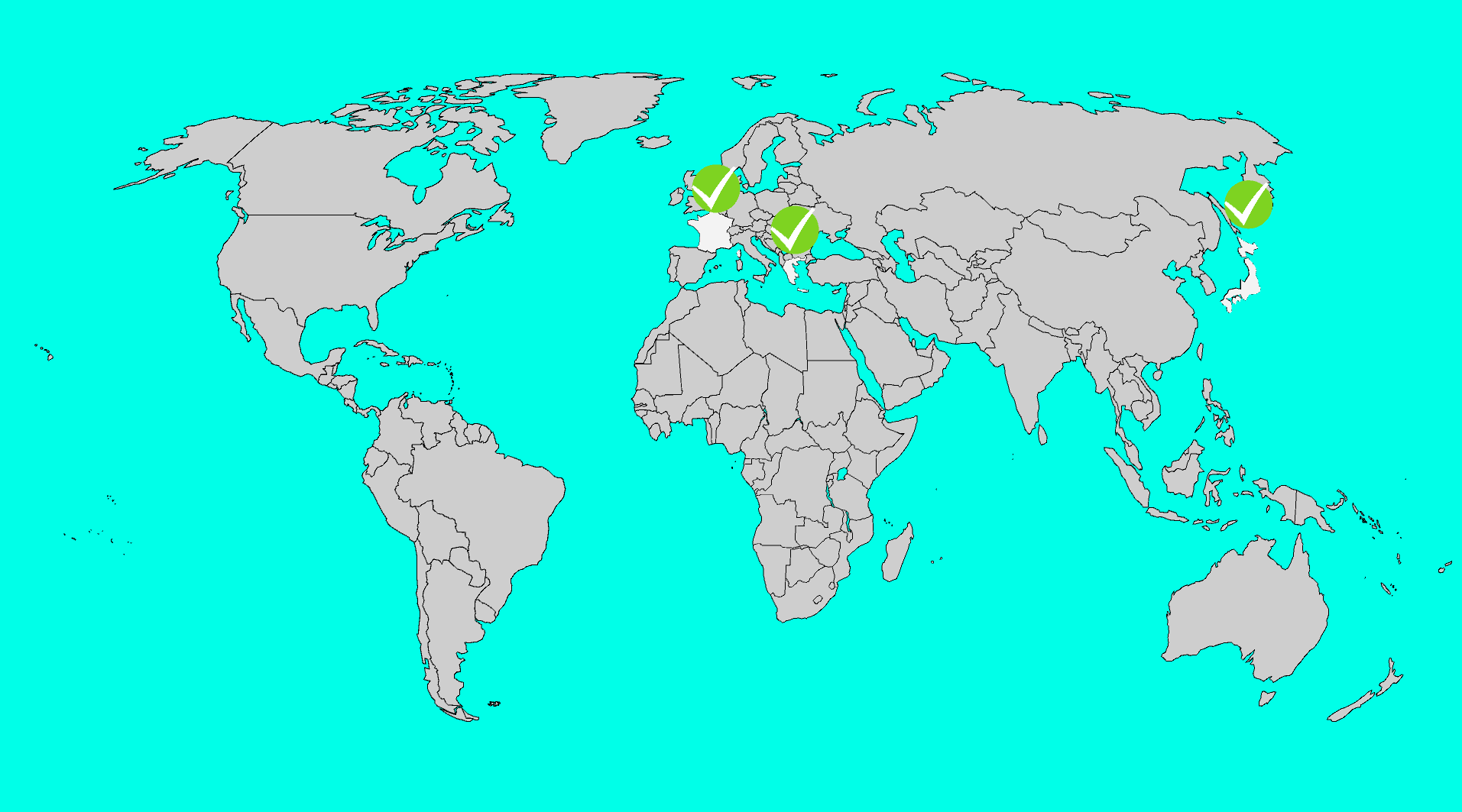 Screenshot of world map, shows three countries that can be visited, Japan, Greece, and France