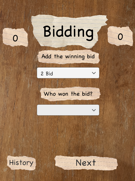 Screenshot of tool, shows current score of both teams, as well as multiple dropdown menus containing different options for during game play