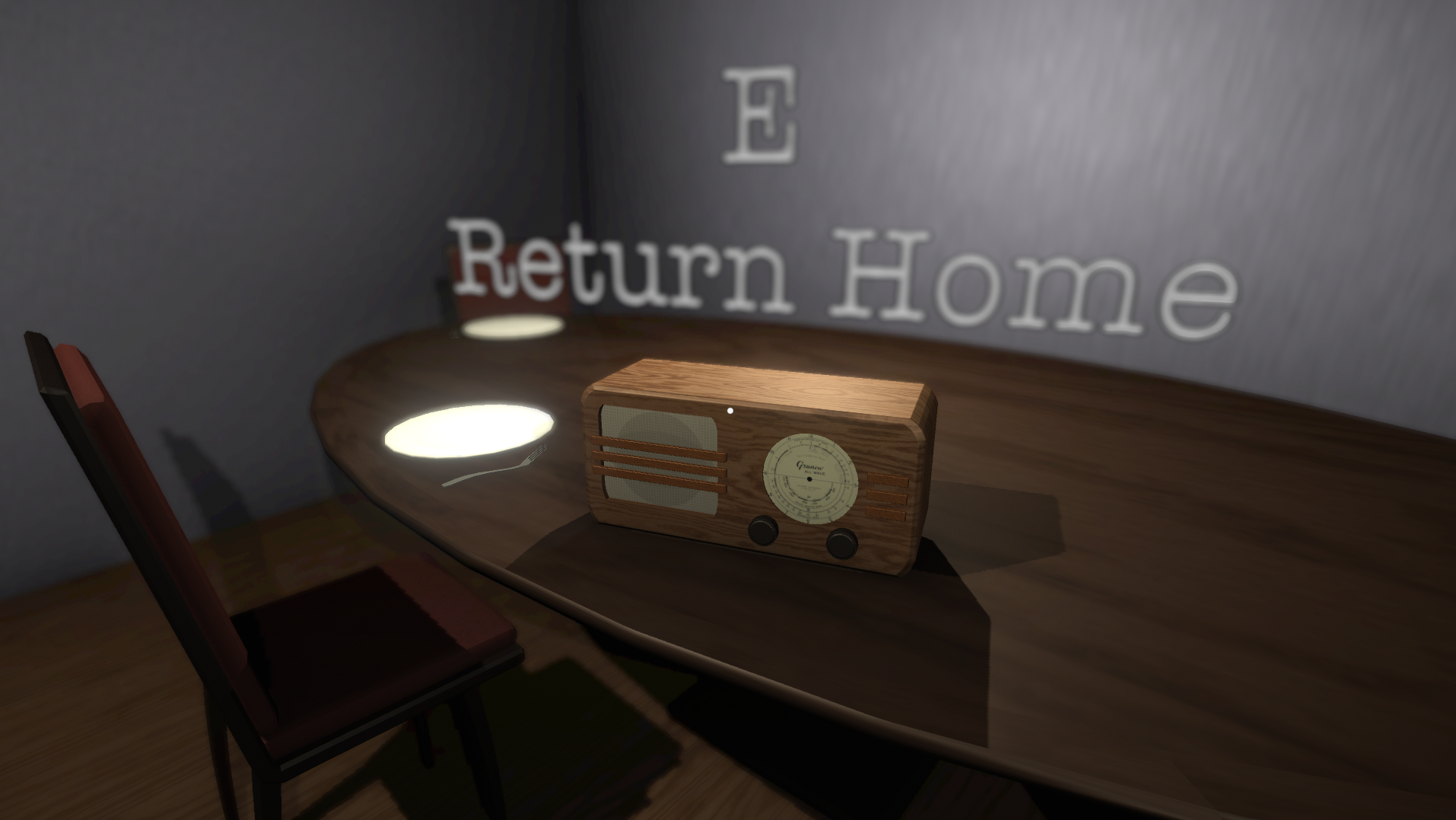 Screenshot of game, shows a radio object on a table that can be interacted with